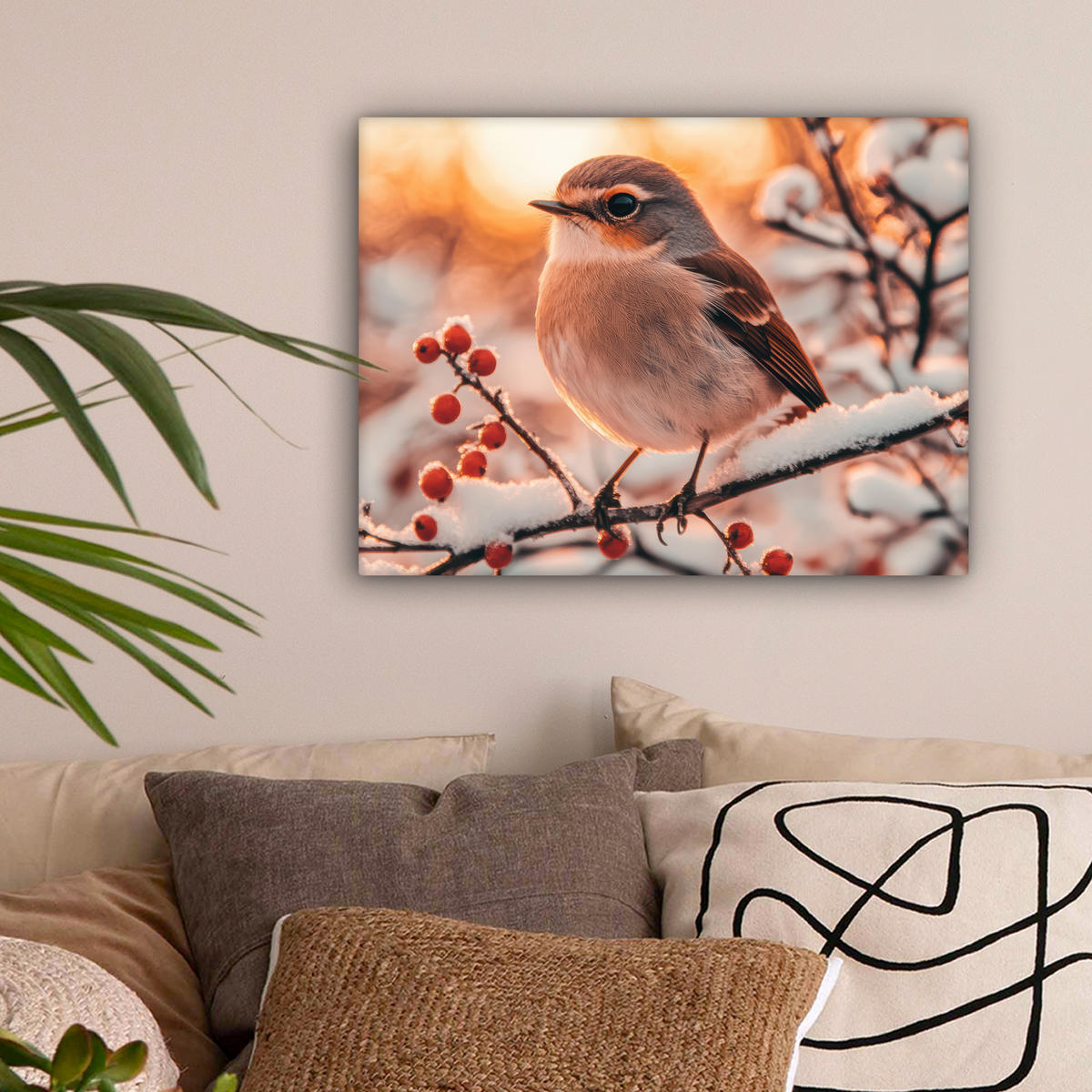 LEINWANDBILD Vogel - Zweig - Winter - Tiere - Schnee 40x30 cm - Bernsteinfarben, Textil (40/30cm) - MuchoWow