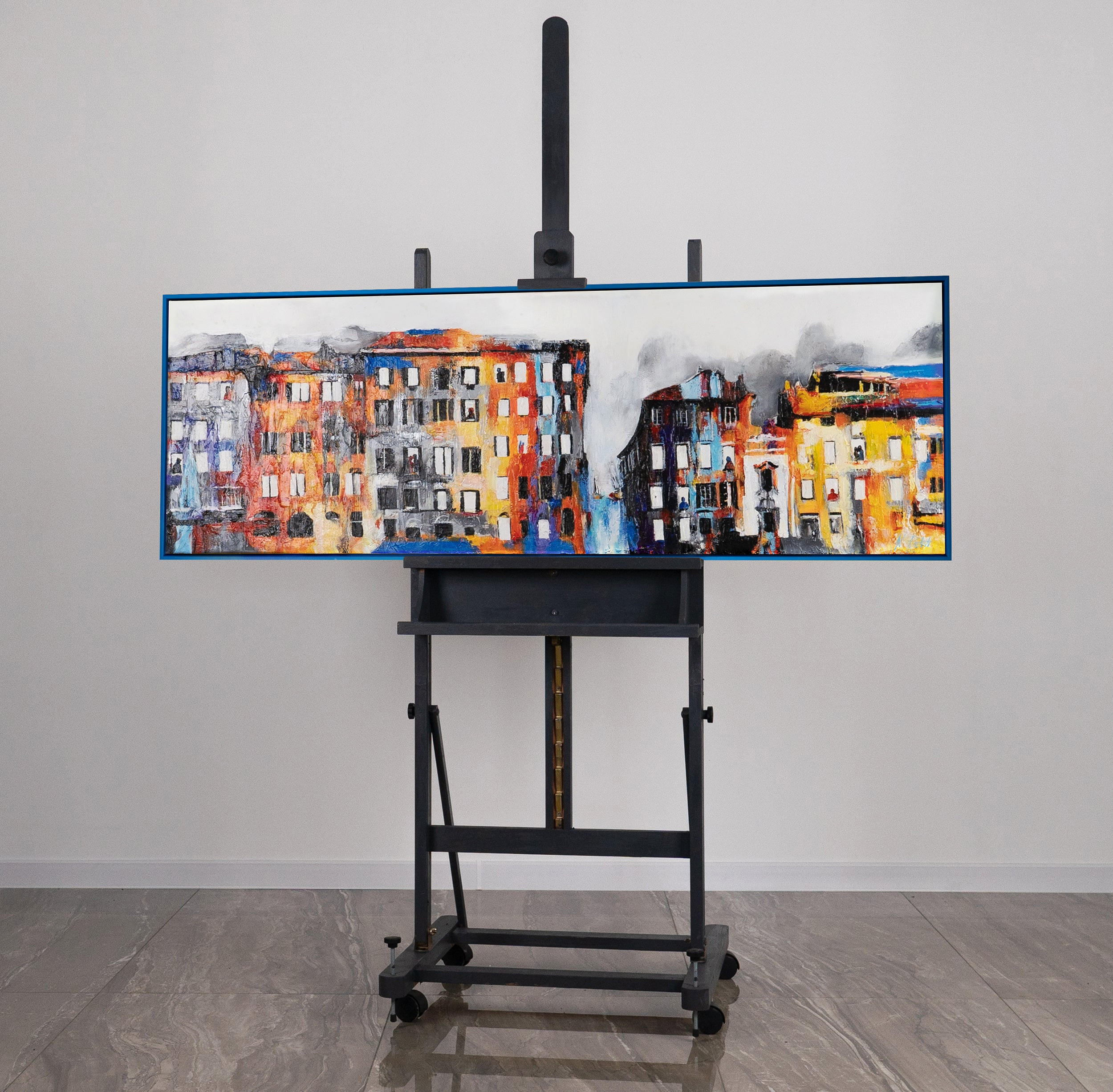 GEMÄLDE Kleinstadt Schattenfugenrahmen Blau 150x50 cm - Blau, Holz (150/50cm) - YS-art gallery