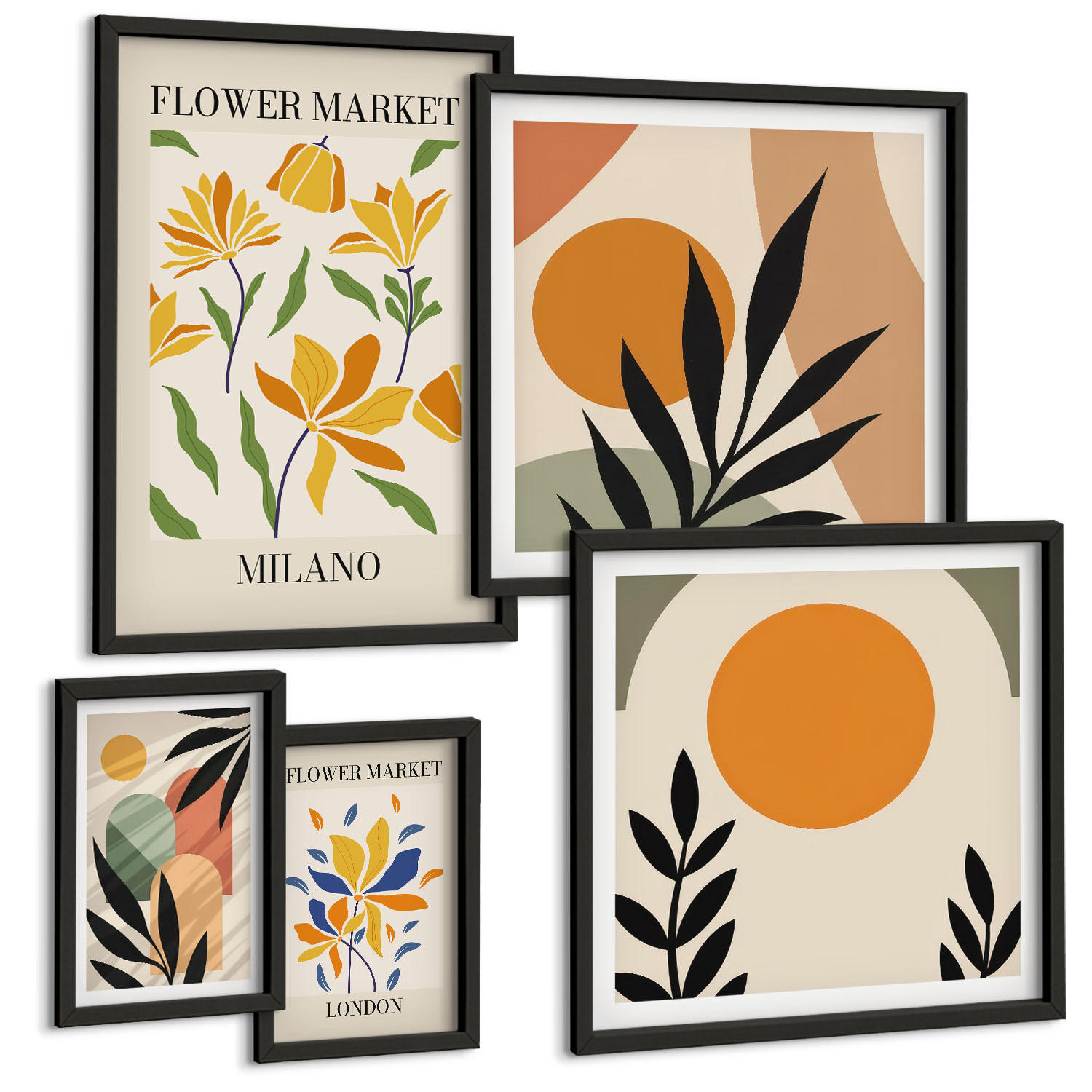 BILDER SET 5er Set - 50x50 cm & 20x30 cm & 40x60 cm Schwarzer Rahmen - Abstrakte geometrische Formen - Schwarz, Kunststoff (40/60cm) - TULUP