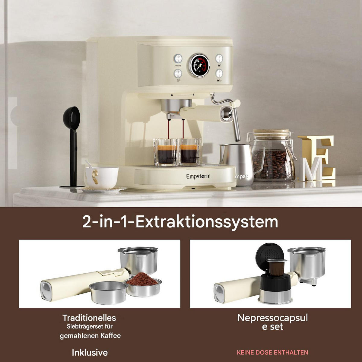 ESPRESSOMASCHINE 20Bar 2-in-1-Kapsel und Pulverfunktion Milchaufschäumer - Weiß, Metall (27.8/21.8/29cm) - Raelunyi