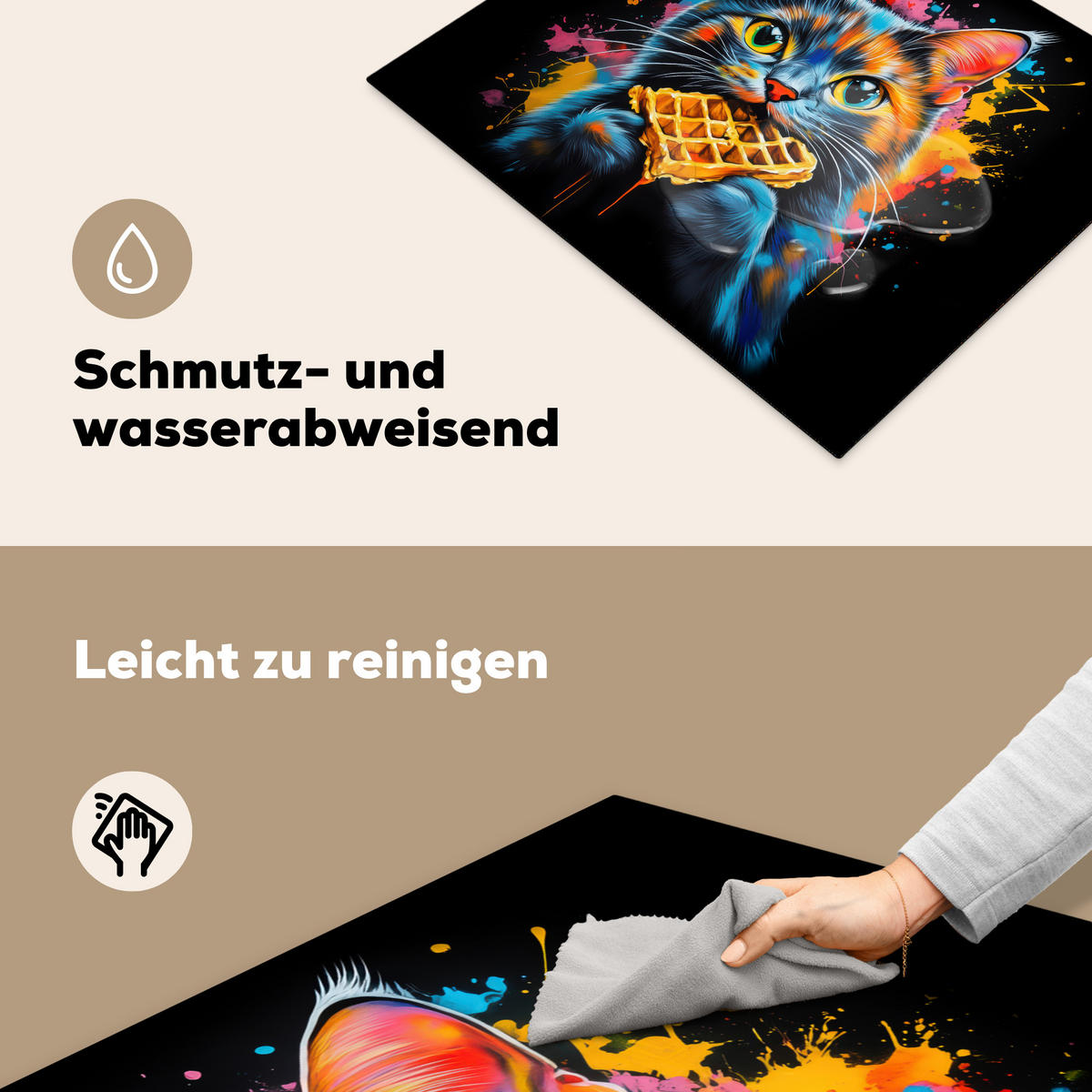 HERDABDECKPLATTE Katze - Graffiti - Bunt - Waffel - Essen Herdabdeckung Induktionsfeld 65x52 cm - Multicolor, Kunststoff (65/52/0.2cm) - MuchoWow