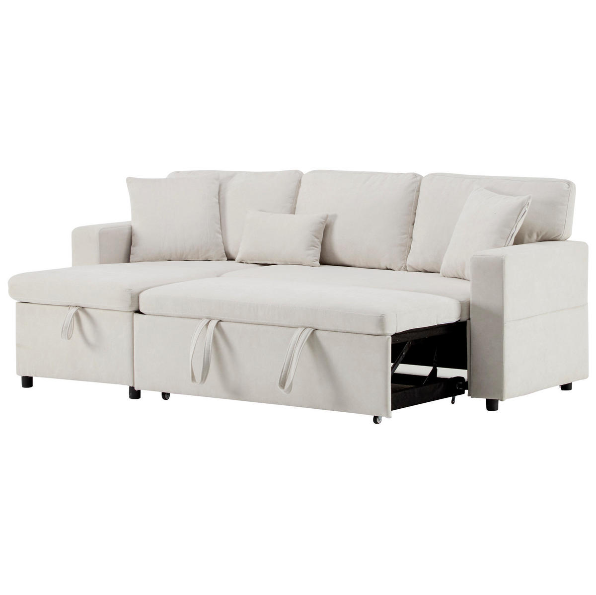 ROHOVÁ rozkládací pohovka z flanelu 214x131x87 cm béžová s USB portem, úložným prostorem a policí - béžová, textil (131/87/214cm) - Modfu