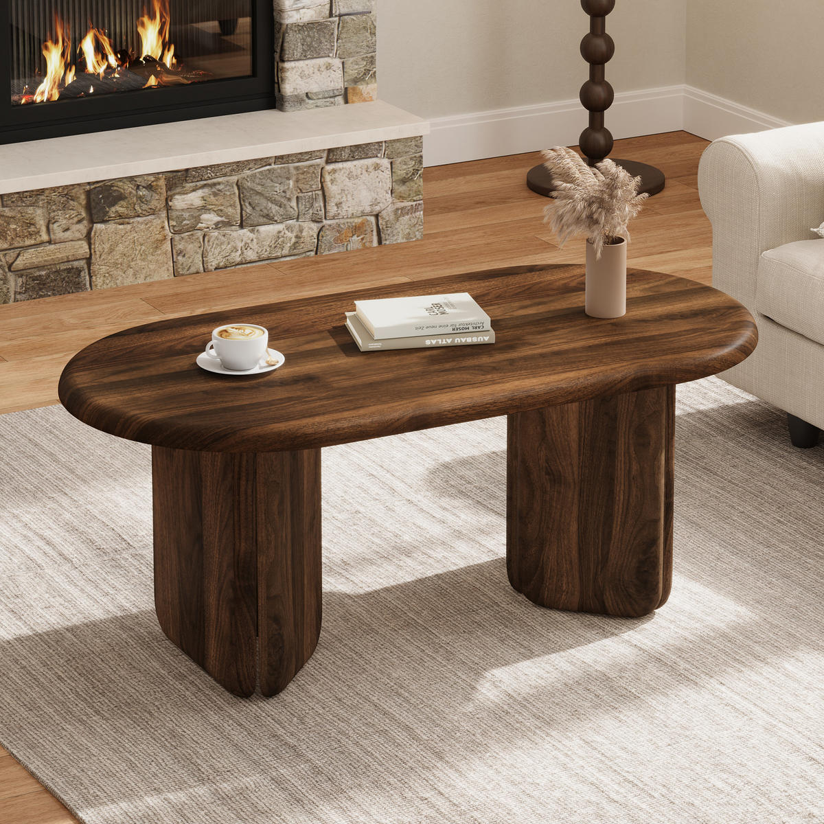 COUCHTISCH 99/50/40 cm in Nussbaumoptik mit ovaler Tischplatte und abgerundeten Beinen - Walnussfarben, Holzwerkstoff (50/99/40cm) - CHICFURN