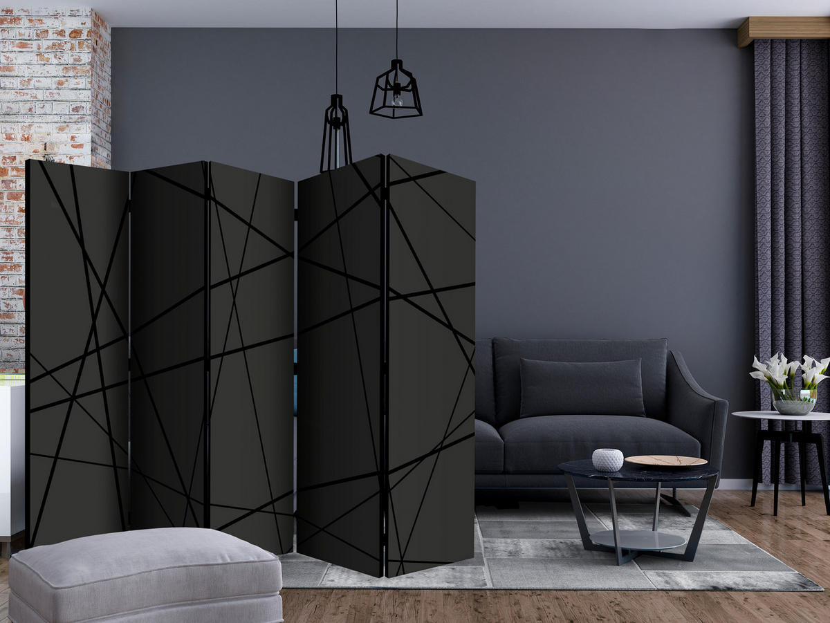 PARAVÁN Obojstranný 5-Dielny 225x172 cm Moderná línia - čierna, drevo/textil (225/172/3cm) - Muralo