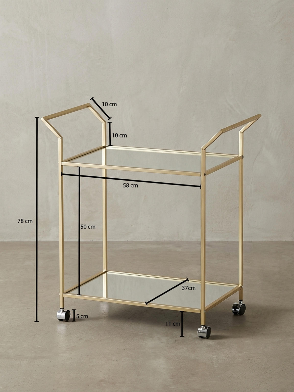 SERVIERWAGEN – Gold, Verspiegelte Ablagen, auf Rollen - Goldfarben, Glas/Metall (73/78/37cm) - KADIMA DESIGN