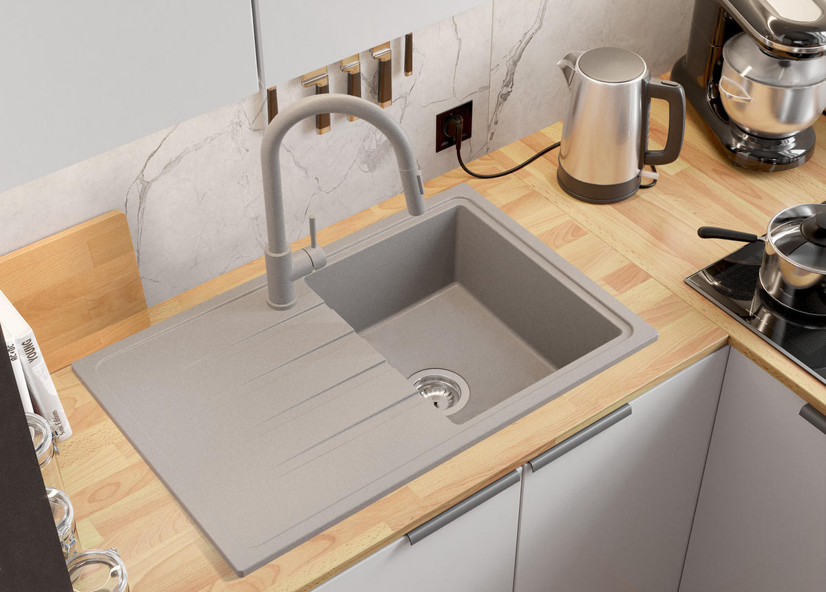 SPÜLBECKEN Mailand, 2-er set Grau 78/50 cm 1 Becken + Ablauf-Set ab 45er Unterschrank - Chromfarben/Grau, Kunststoff (78/19/50cm) - Primagran