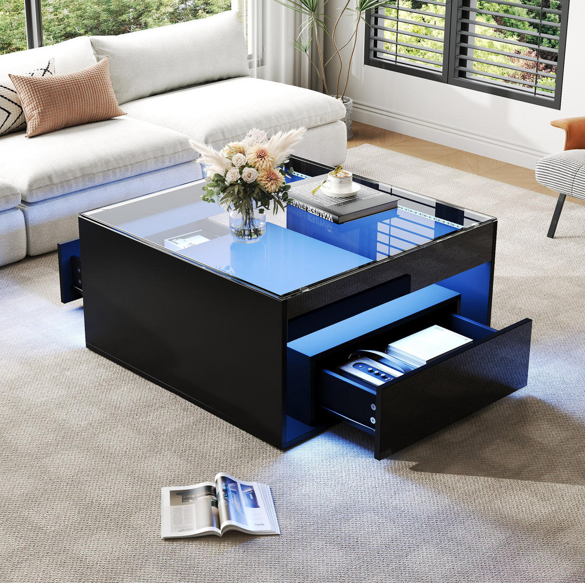 COUCHTISCH 70/70/35 cm schwarz aus MDF und Glas mit LED - Schwarz, Holzwerkstoff (70/70/35cm) - OKMYHOME