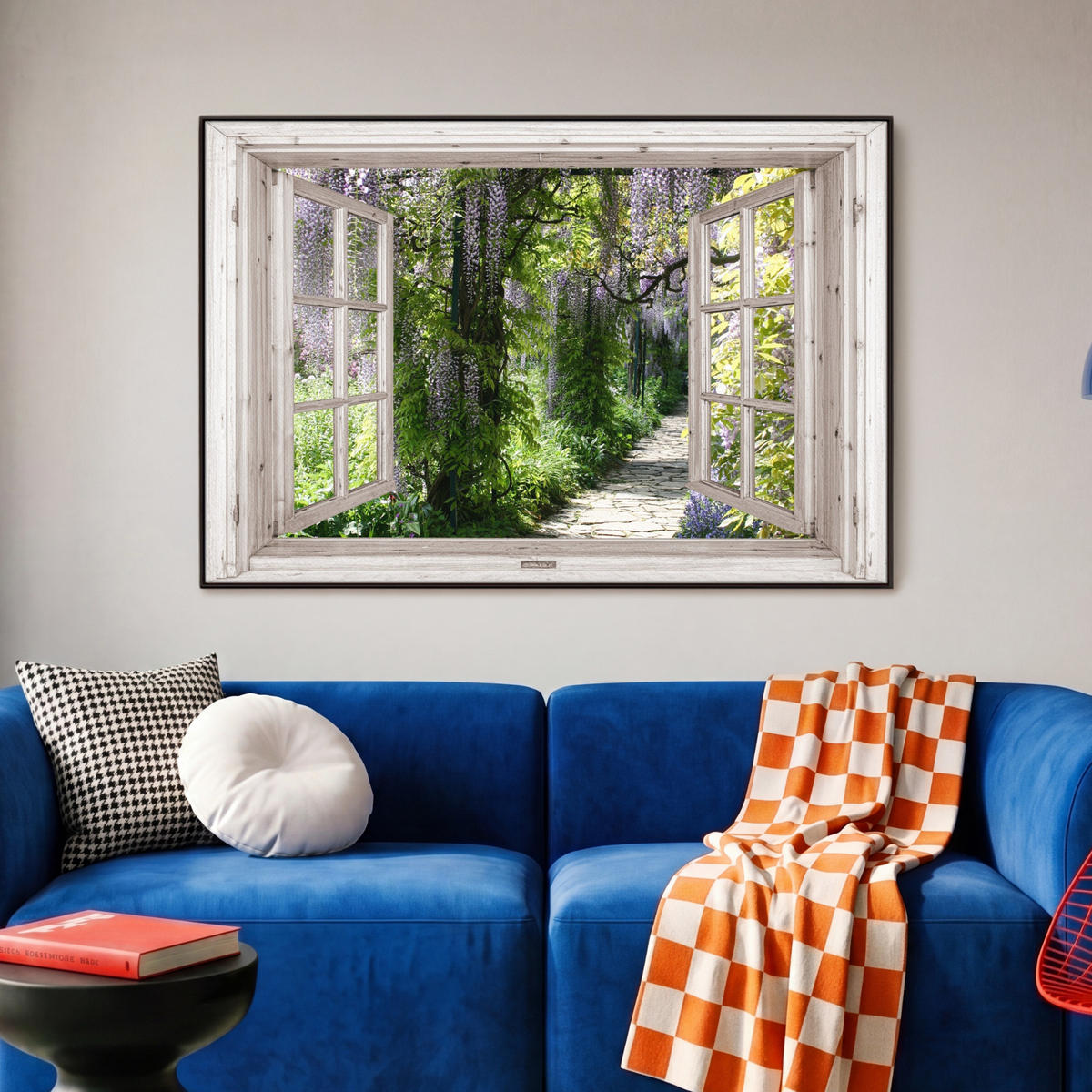 LEINWAND Bilder mit Rahmen - Blauer Regen - Blumen - Aussicht - Baum - Frühling - 90x60 - Grün, Textil (90/60cm) - MuchoWow