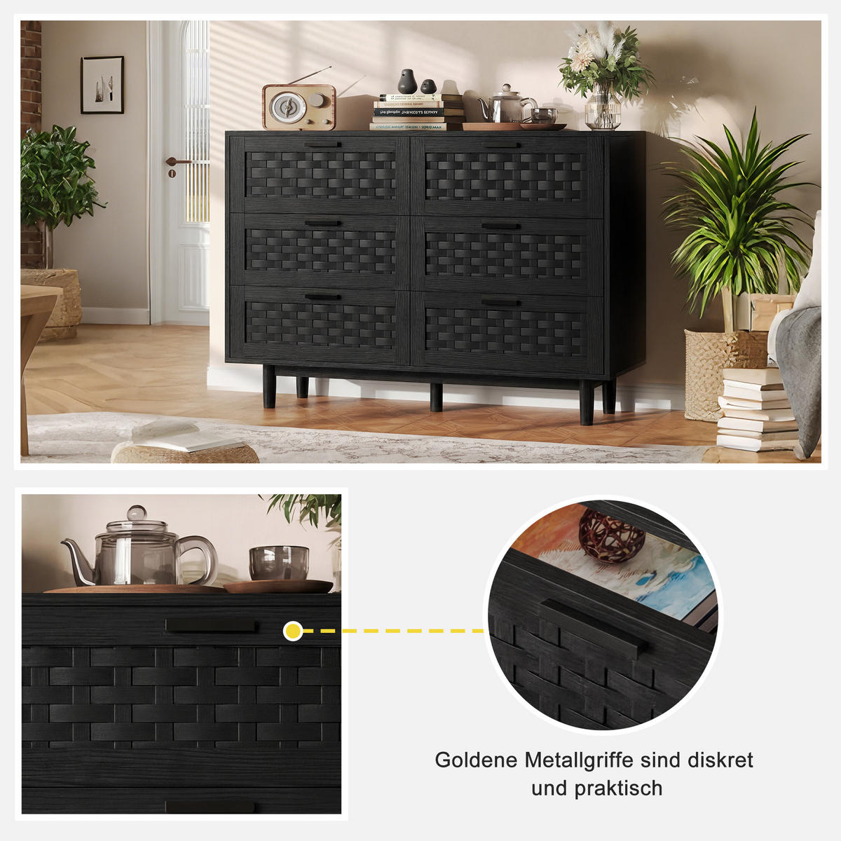 SIDEBOARD 115x40x80 cm Rattan 6 Schubladen schwarz - Schwarz, Holz (115/80/40cm) - LEBENLANG