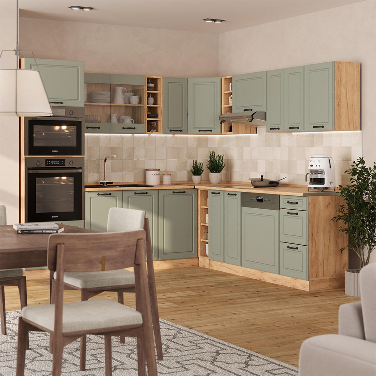 ECKKÜCHE R-Line, Mint Landhaus/Goldkraft Eiche, 247 x 237 cm - Honigeiche/Grün, Holzwerkstoff (247/206.8/46cm) - Vicco