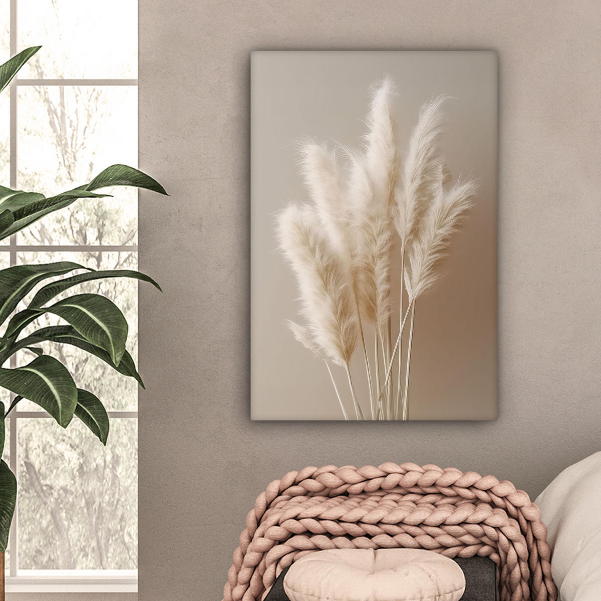 LEINWANDBILD Pampasgras - Federn - Pastell - Weiß 60x90 cm - Naturfarben, Textil (60/90cm) - MuchoWow