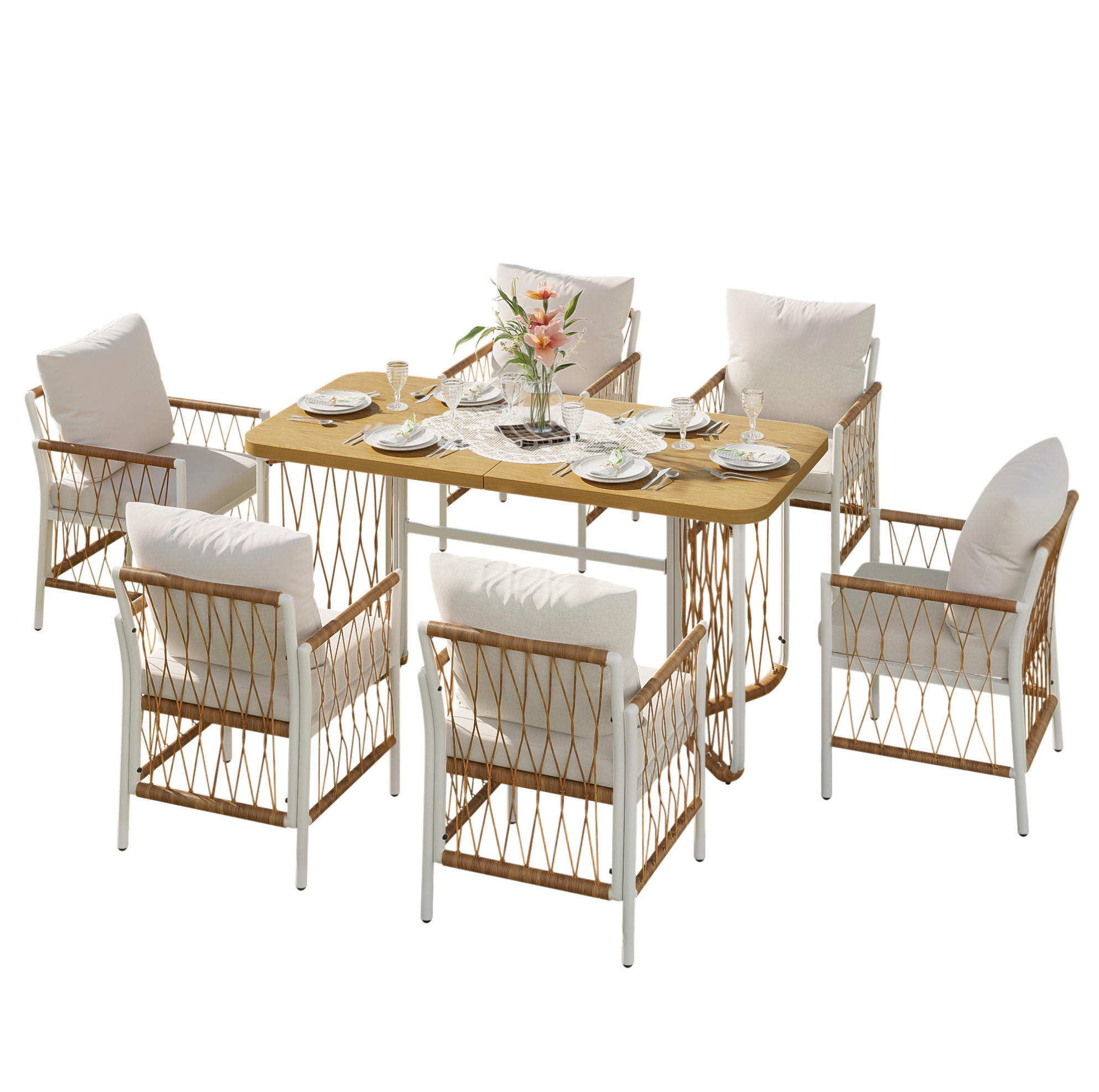 Modfu ZAHRADNÍ jídelní set z železa a polyesteru 159,5x77,5x75 cm béžový, hnědý a přírodní s polštáři pro 6 osob
