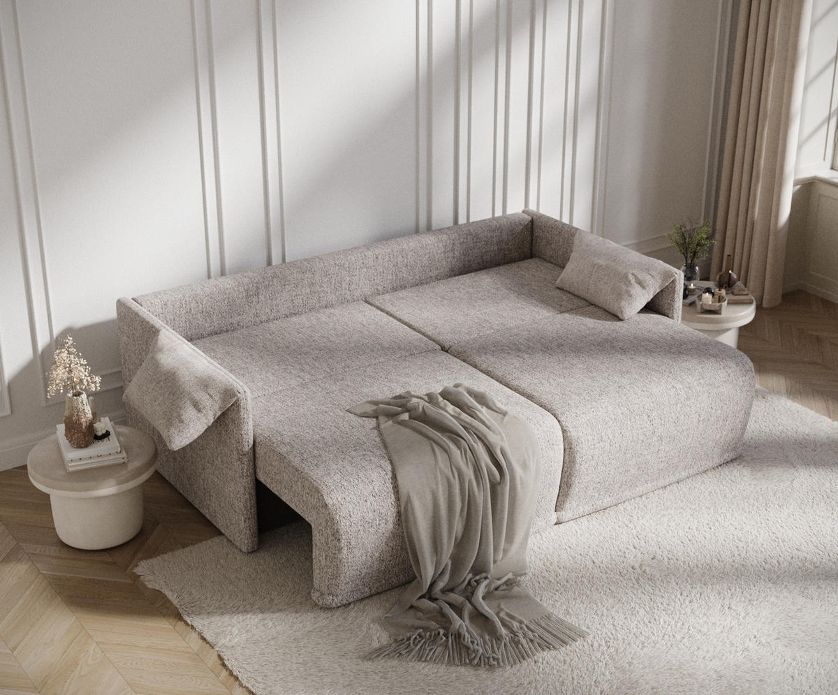 SCHLAFSOFA MIT ECKSOFA-FUNKTION Nappa Hellbraun Webstoff - Hellbraun/Schwarz, Holz/Holzwerkstoff (215/100/112cm) - Maison de Reve