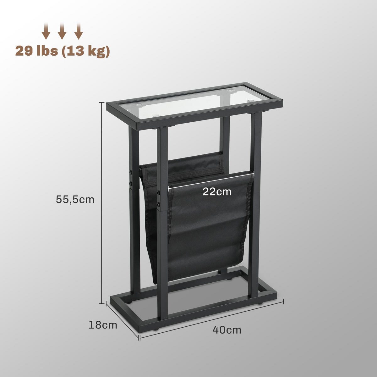 BEISTELLTISCH 40/18/55,5 cm Schwarz mit Glasplatte und Stofftasche - Schwarz, Glas (40/18/55.5cm) - OKWISH