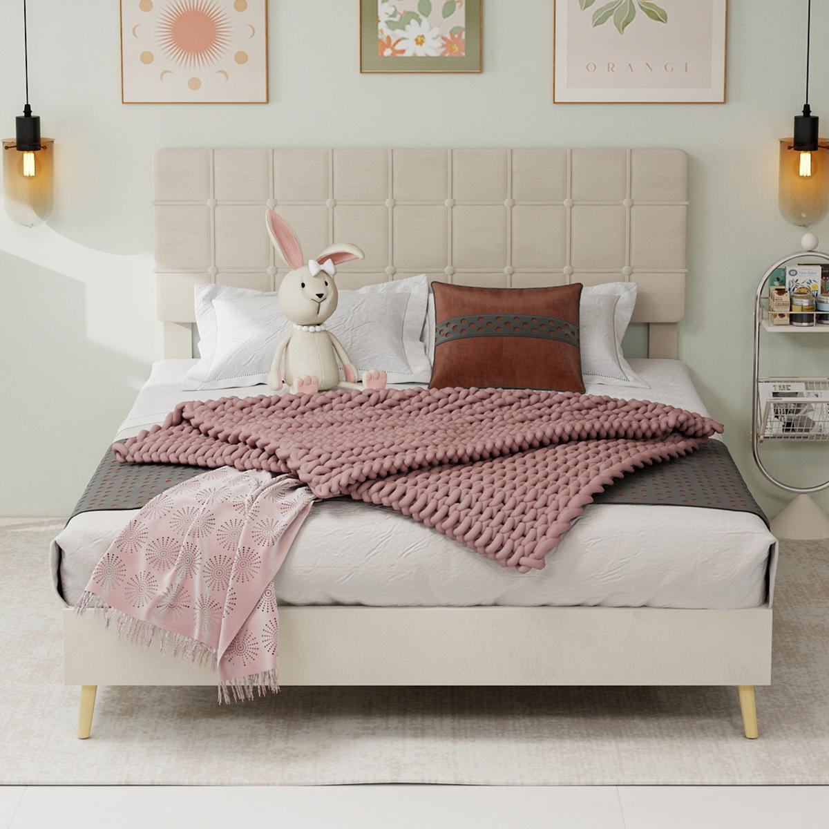 POLSTERBETT 160/200 cm in Beige Samt - Beige, Holzwerkstoff/Textil (160/200cm) - WISHDOR