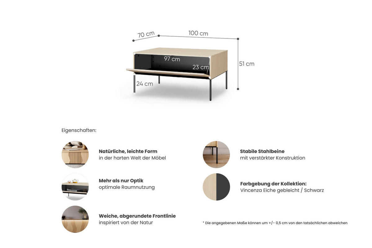 COUCHTISCH FAVOS 06 100/51/70 cm in Eiche Vincenza hell und Schwarz - Eichefarben/Schwarz, Holzwerkstoff (70/100/51cm) - Deine Möbel 24