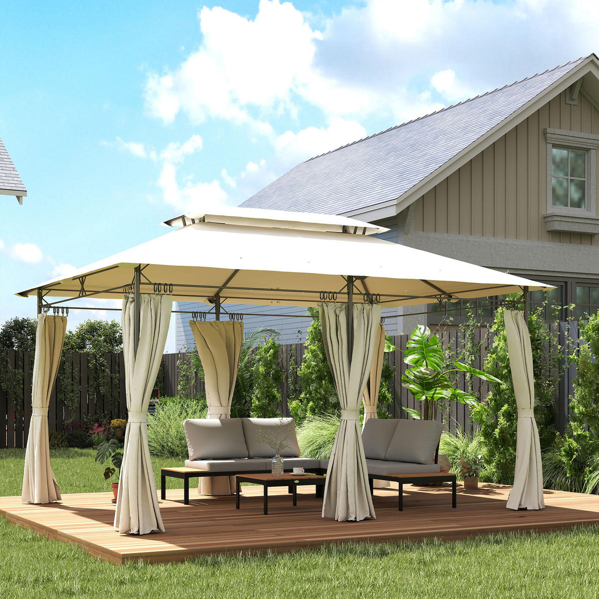 PAVILLON mit Doppeldach & 6 Seitenteile Cremeweiß - Creme, Textil/Metall (297/273/397cm) - Outsunny