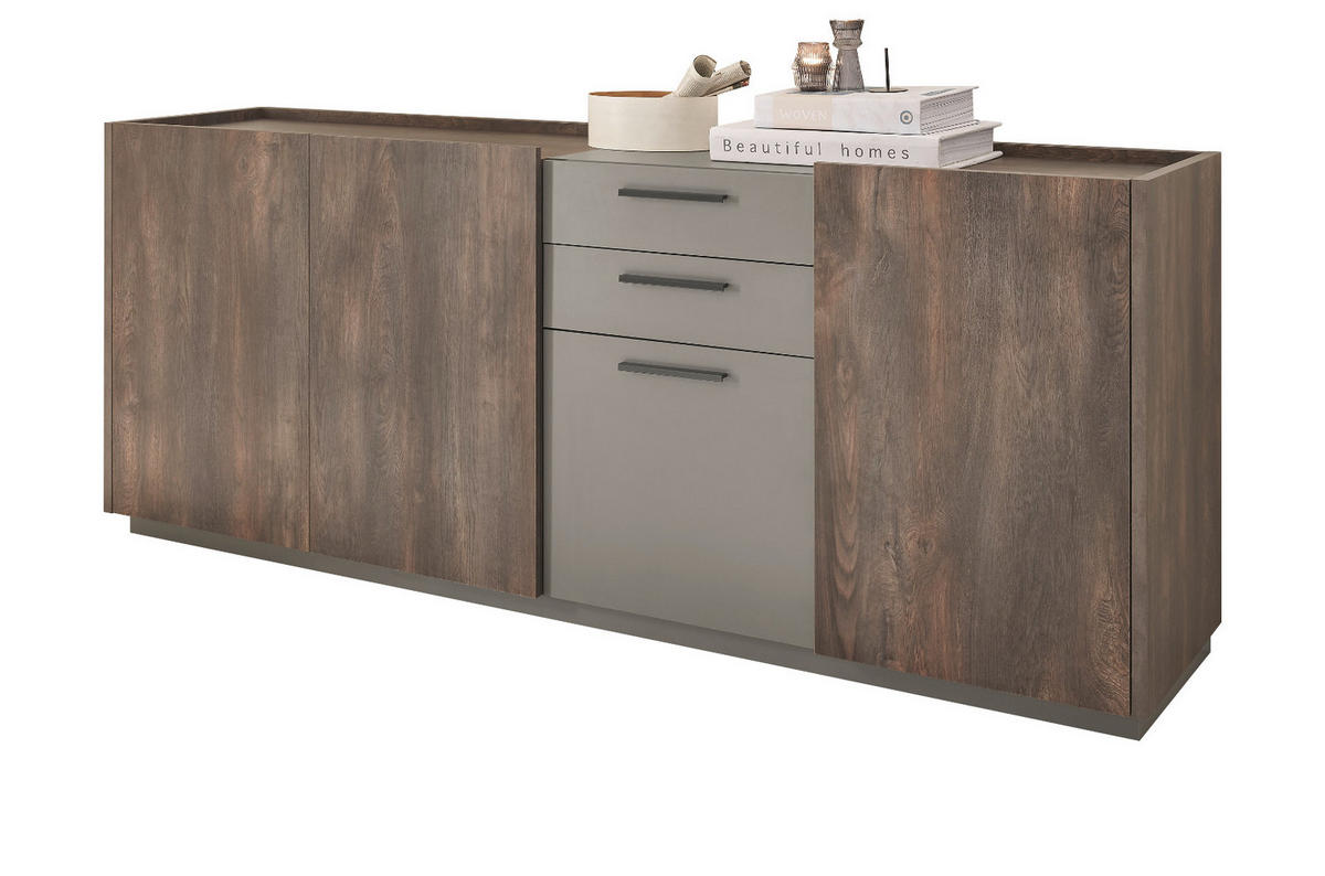 SIDEBOARD Thermo Eiche, grau, Kommode mit Soft-Close 200 x 80 cm - Eichefarben/Schwarz, Holzwerkstoff/Kunststoff (200/80/45cm) - Furn.Design