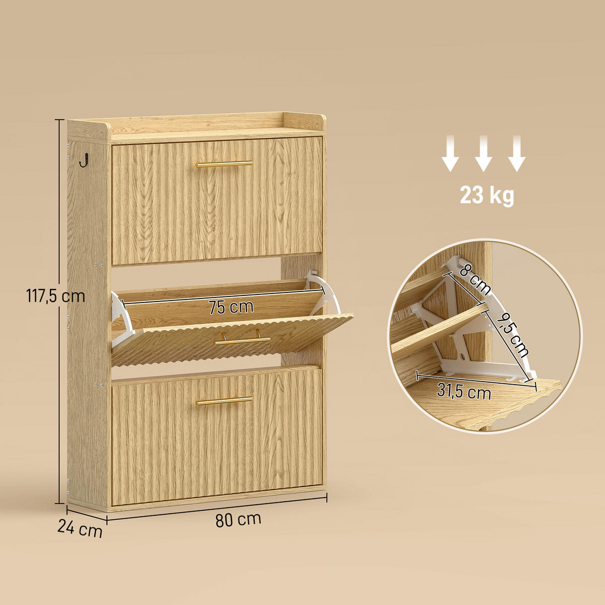 SCHUHSCHRANK MDF Hellbraun - Hellbraun, Holzwerkstoff/Metall (24/117.5/80cm) - HOMCOM