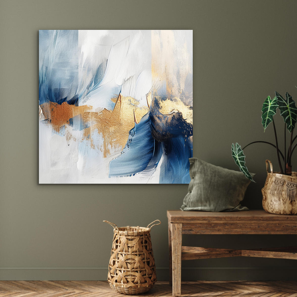KOVOVÝ OBRAZ Zlatá - modrá - akvarel - umenie - moderné 90x90 cm - svetlomodrá, kov (90/90cm) - MuchoWow