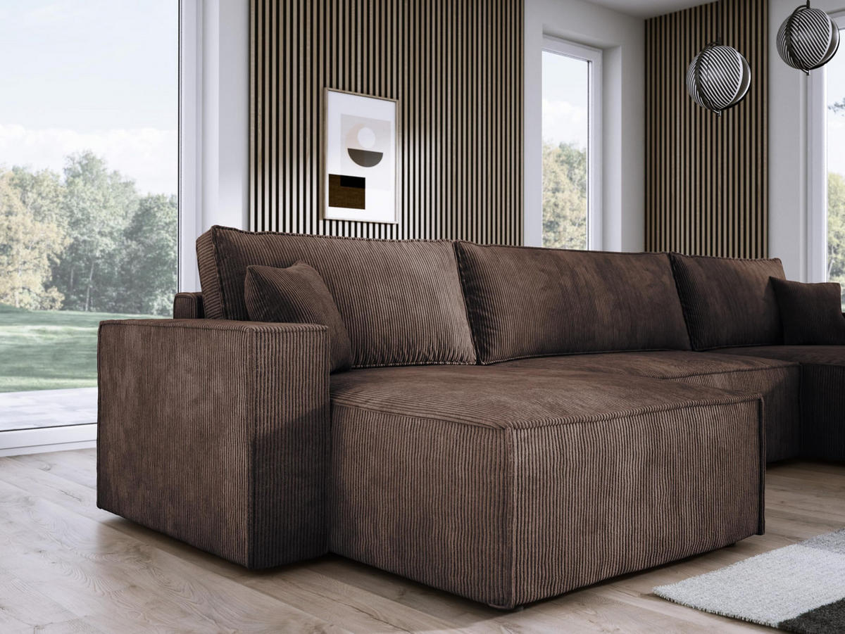 ECKSOFA Poso XXL U-förm, Schlaffunktion, weiche Kissen, Bettkasten, hochwertige Polsterung, lose Rückenkissen, freistehend, 377x143x83 cm Brown - Braun, Holz/Textil (377/83/143cm) - DomoHome