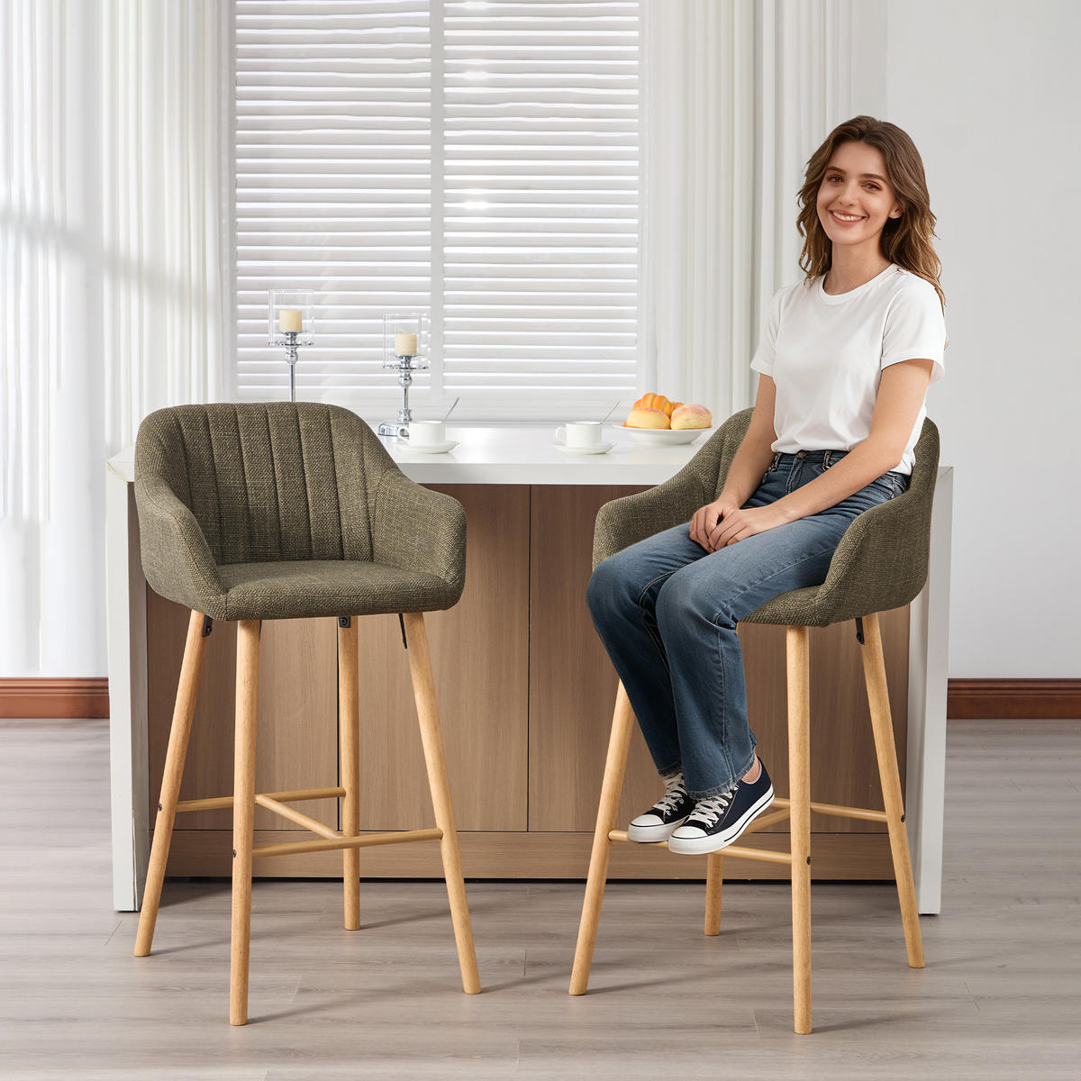 BARHOCKER 2er-Set mit Leinenbezug und Holzbeinen, Grün - Grün, Textil (58.5/104/55cm)