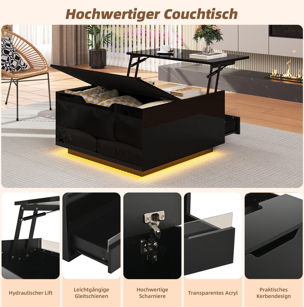 COUCHTISCH aus Spanplatte 70x70x38 cm in Schwarz mit LED & Stauraum - Schwarz, Holzwerkstoff (70/70/38cm) - Modfu