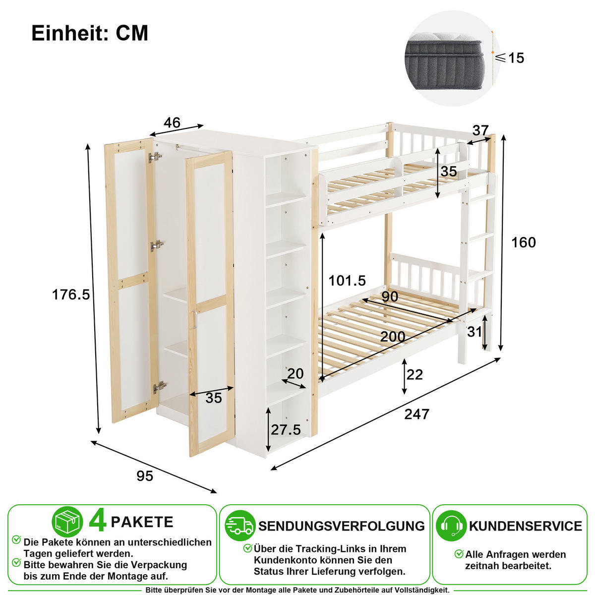 ETAGENBETT 90/200 cm & 90/200 cm in Weiß & Natur mit 6 Regalen und Kleiderschrank - Weiß/Naturfarben, Holz/Holzwerkstoff (90/200cm) - CHICFURN