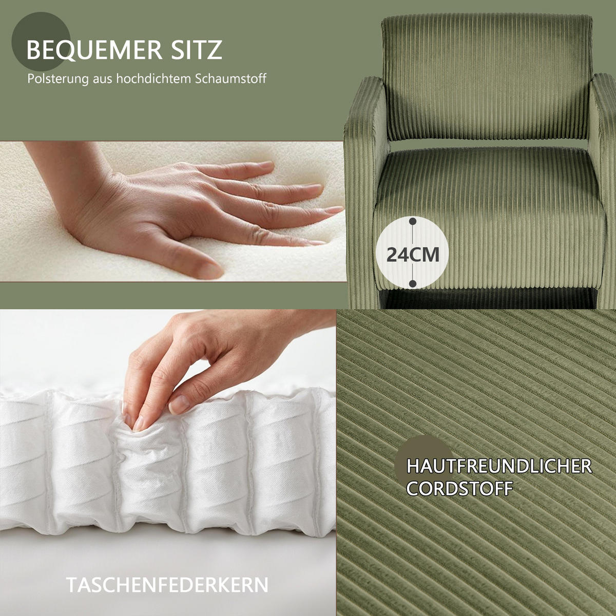 SESSEL, 2er-Set, mit Armlehnen, Cordbezug und Massivholzfüßen, Beige und Grün - Beige/Grün, Holz/Textil (66/76.5/73.5cm) - Meubles Cosy