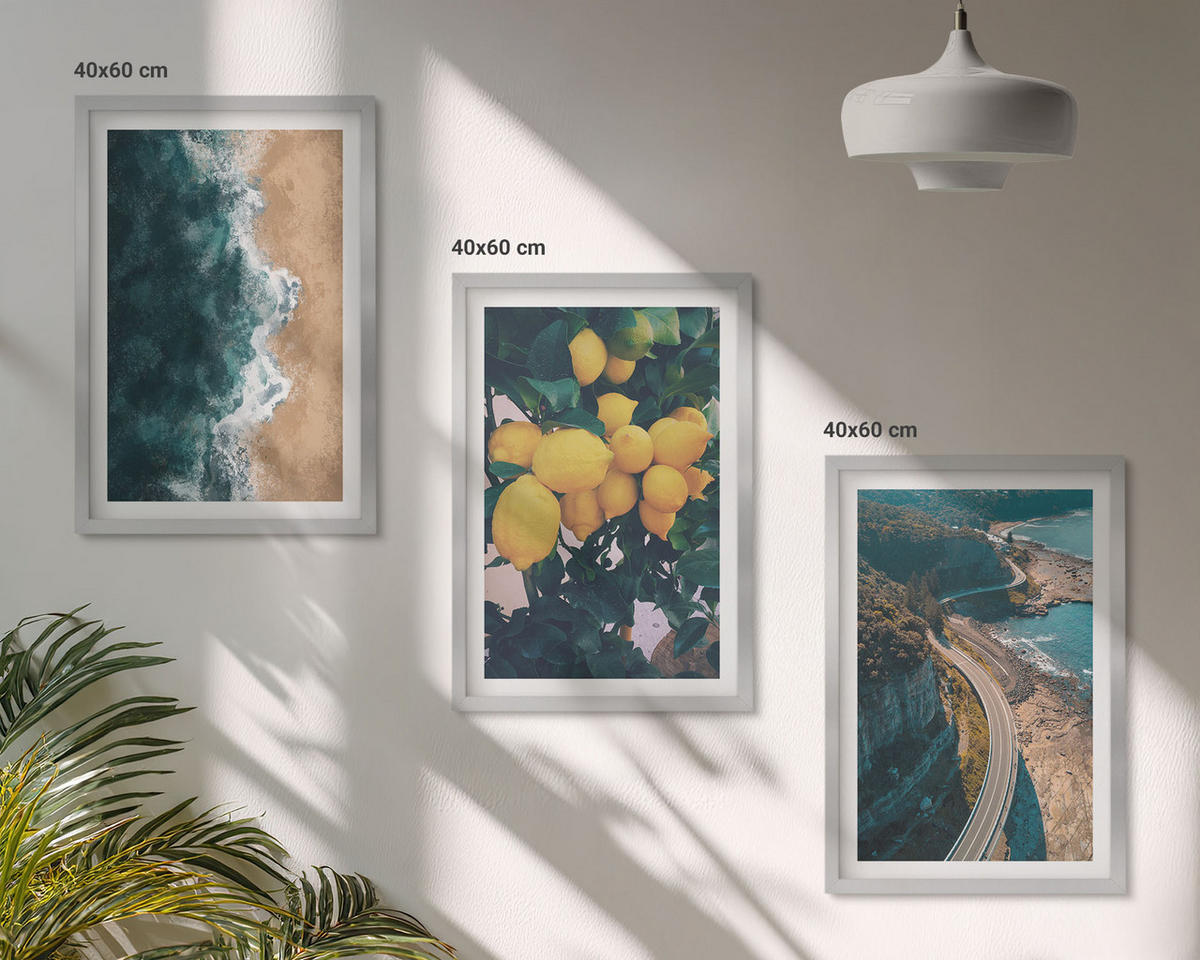 WANDBILDER 3er Set - 40x60 cm Silberner Rahmen - Meerstrand Zitronen Berge - Silberfarben, Kunststoff (40/60cm) - ArtPrintCave