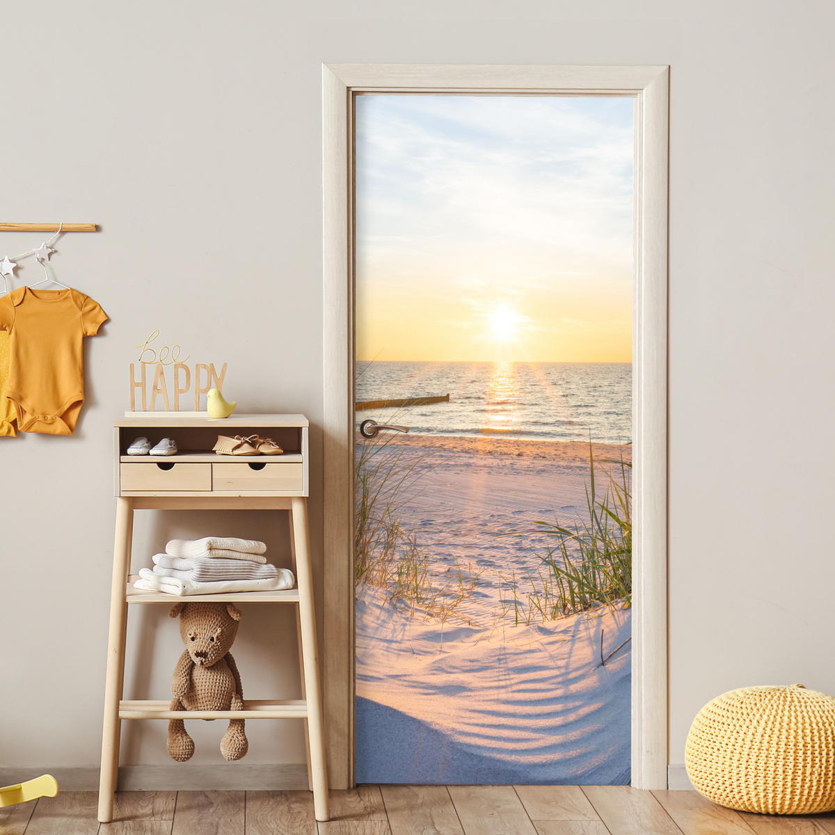 TÜRAUFKLEBER Strand - Sonne - Düne - Gras - Sand - Horizont Room Decor 85x205 cm - Türtapete - Dunkelgelb, Kunststoff (85/0.1cm) - MuchoWow