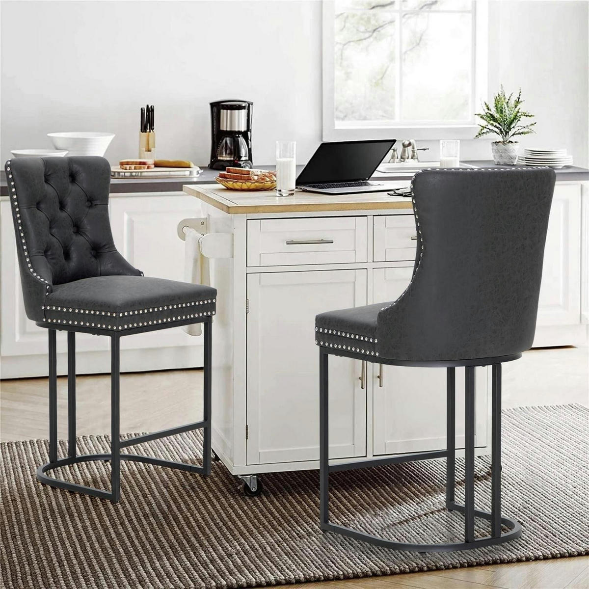 BARHOCKER 2er Set Kunstleder Schwarz mit Knopfsteppung und Nieten - Schwarz, Kunststoff (51/104/60cm)