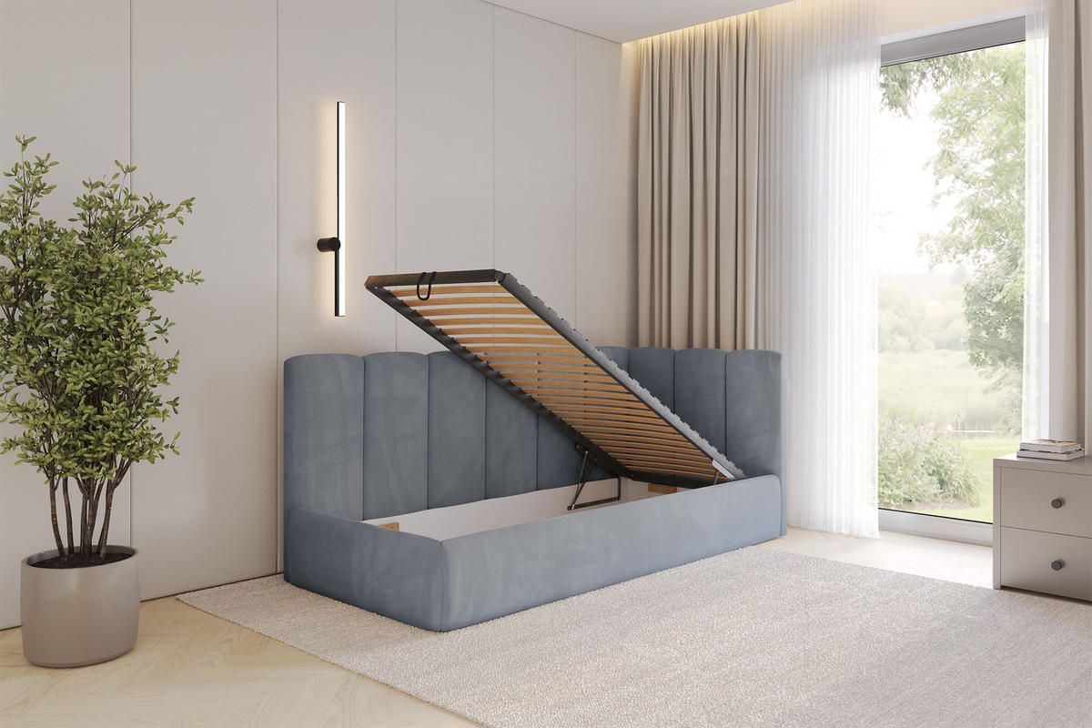 EINZELLBETT Jugendbett mit Bettkasten und Matratze H3/H4, Links - DEXY 90x200 Grau - Grau, Holzwerkstoff/Textil (90/200cm) - ALTDECOR