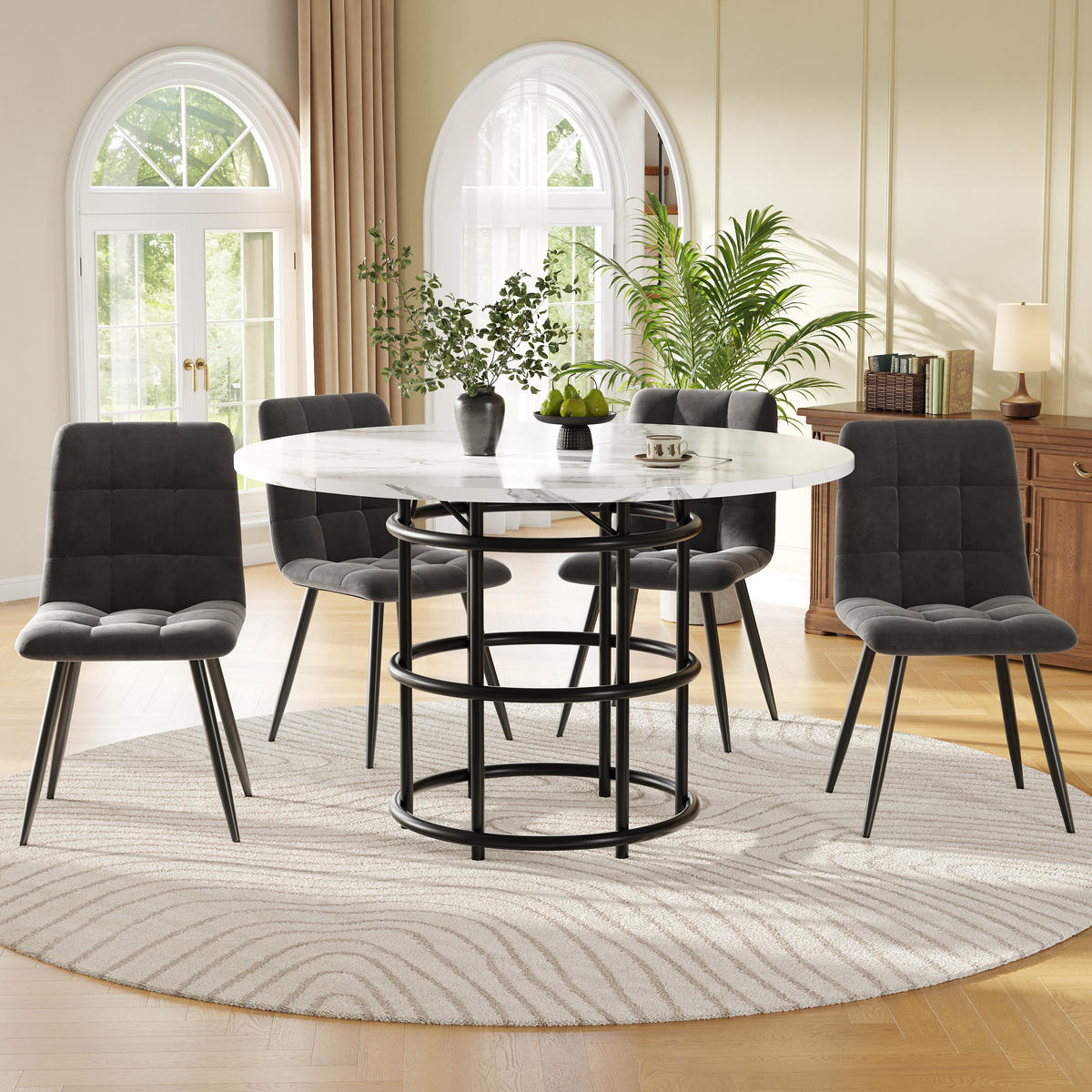 ESSTISCHSET 5-Teilig Rund 100 Cm, Weiße MDF, 4 Graue Samtstühle - Schwarz, Metall (100/76/100cm) - FLIEKS