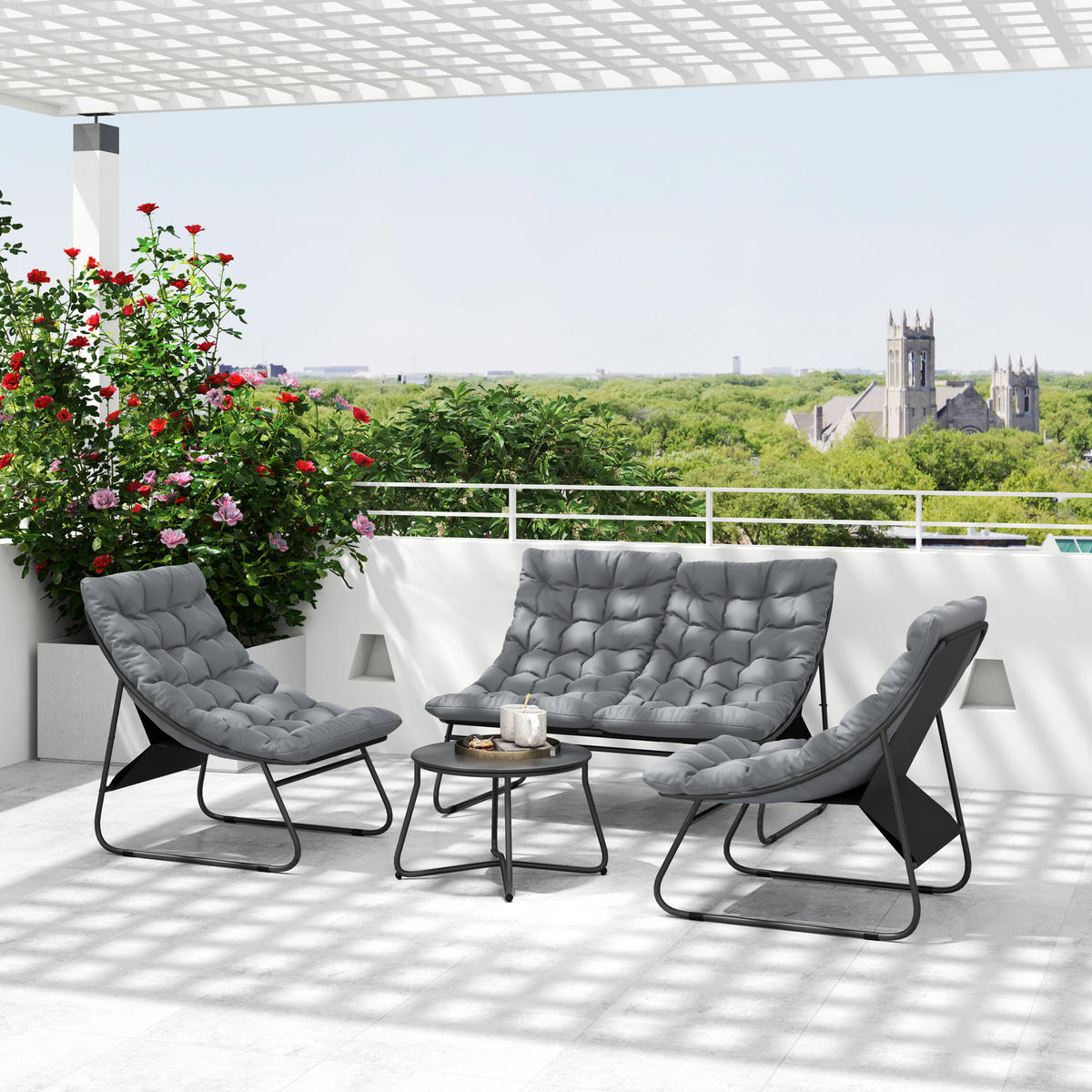 4-SITZER GARTENMÖBEL-SET DE-06540 2 Stühle, 1 Doppel-Sofa, 1 Tisch, dicke Kissen Grau - Grau, Textil/Metall - ComfortXL