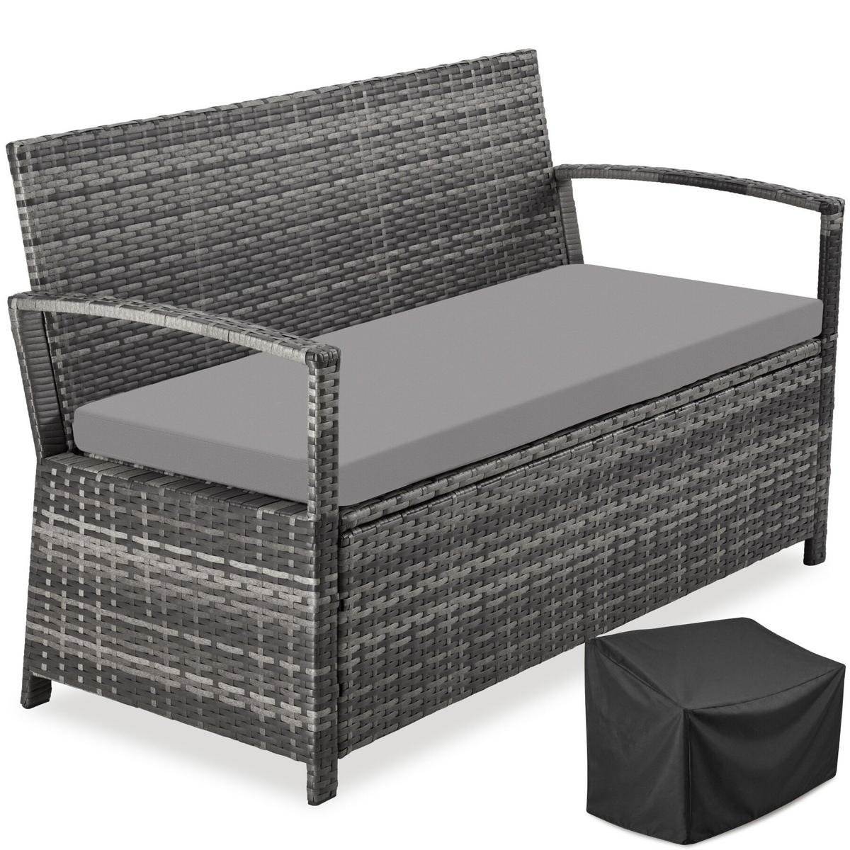 RATTAN-GARTENBANK Vecchia, 128 x 56 x 77,5 cm, inklusive Schutzhülle, grau - Grau, Kunststoff (128/77.5/56cm) - tectake
