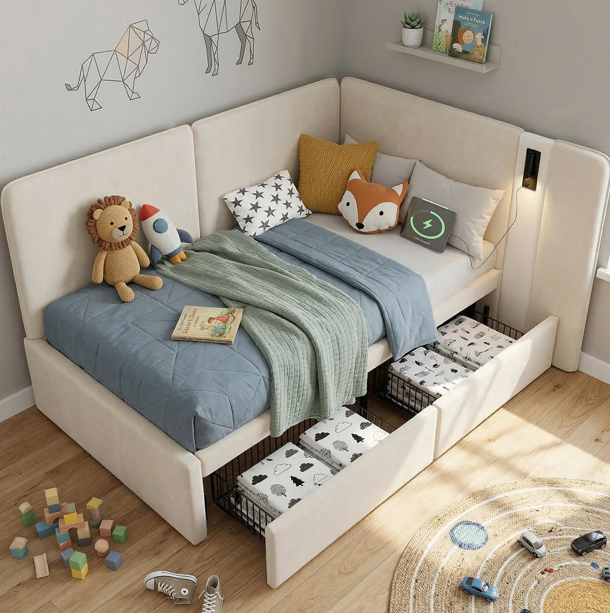 POLSTERBETT aus Samt 90x200 cm in Beige mit 2 Schubladen, USB-C & Leselampe - Beige, Textil (90/200cm) - Modfu