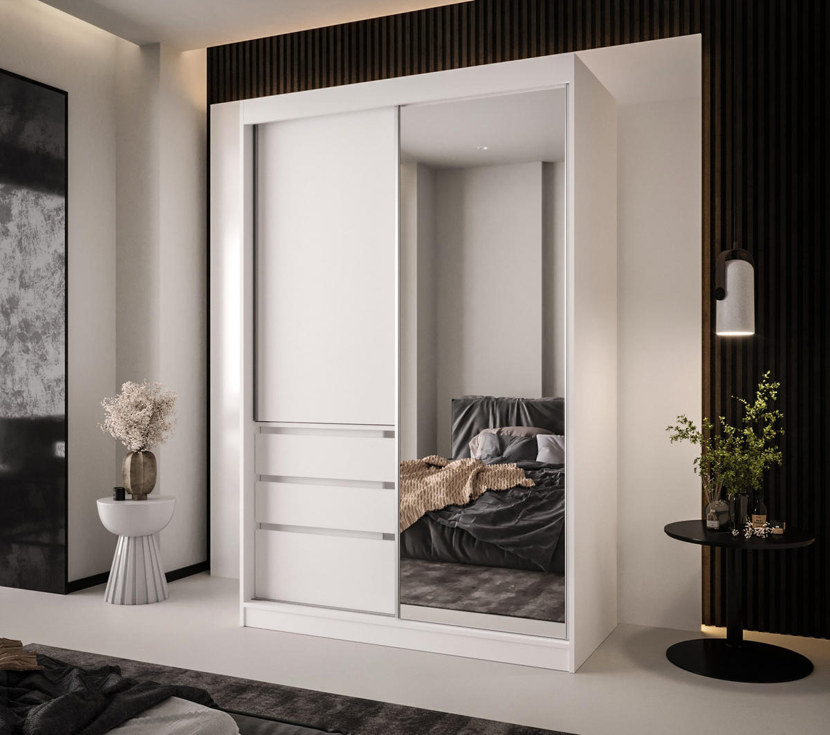 SCHIEBETÜRENSCHRANK PARMA 140, 2-türig Kleiderschrank mit 1 Spiegel, Moderne Garderobe, Schrank in Größe: 140 x 216 x 65 cm - Weiß, Holzwerkstoff (140/216/65cm) - O-Sofa