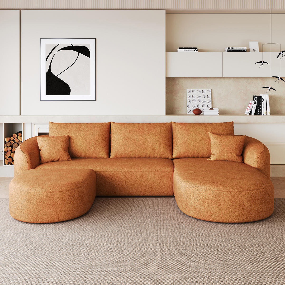 WOHNLANDSCHAFT Rechts, U-Form 266 cm ohne Montage, DE-34817, Orange - Orange, Textil (336/85/168cm) - ComfortXL