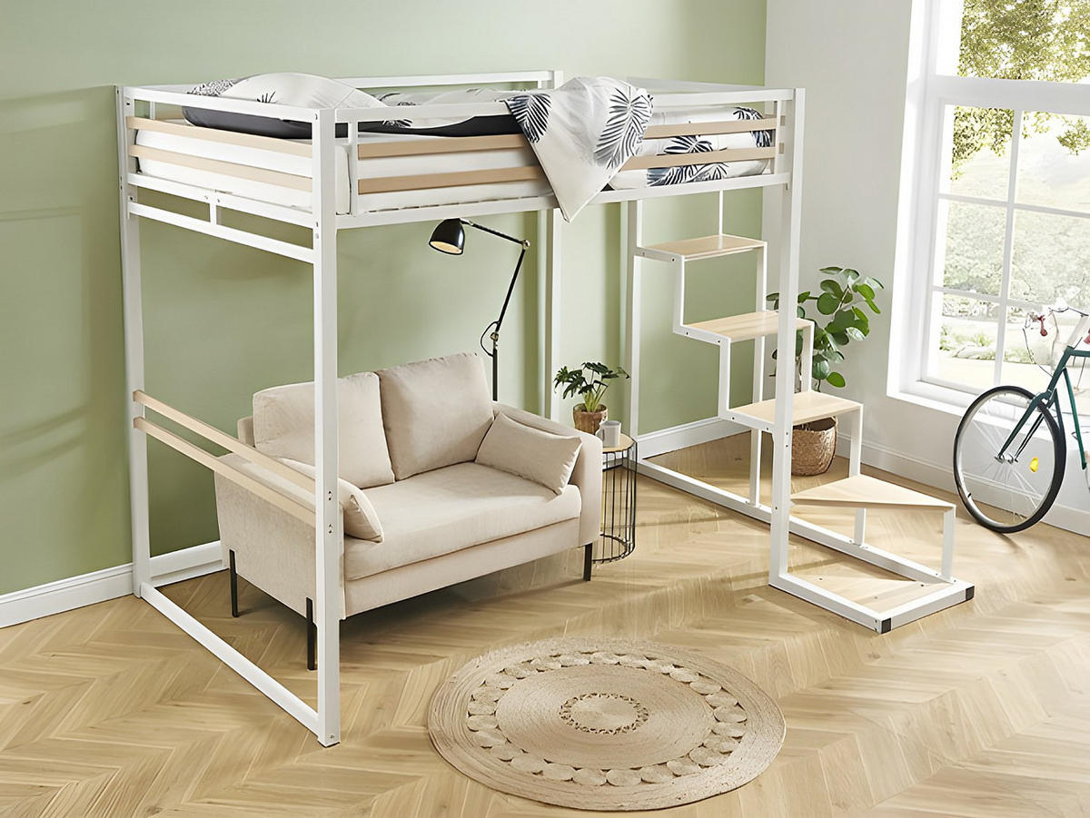 HOCHBETT - 140 x 200 cm - Metall & MDF - Weiß - JOGUI - Weiß, Metall - Vente-Unique