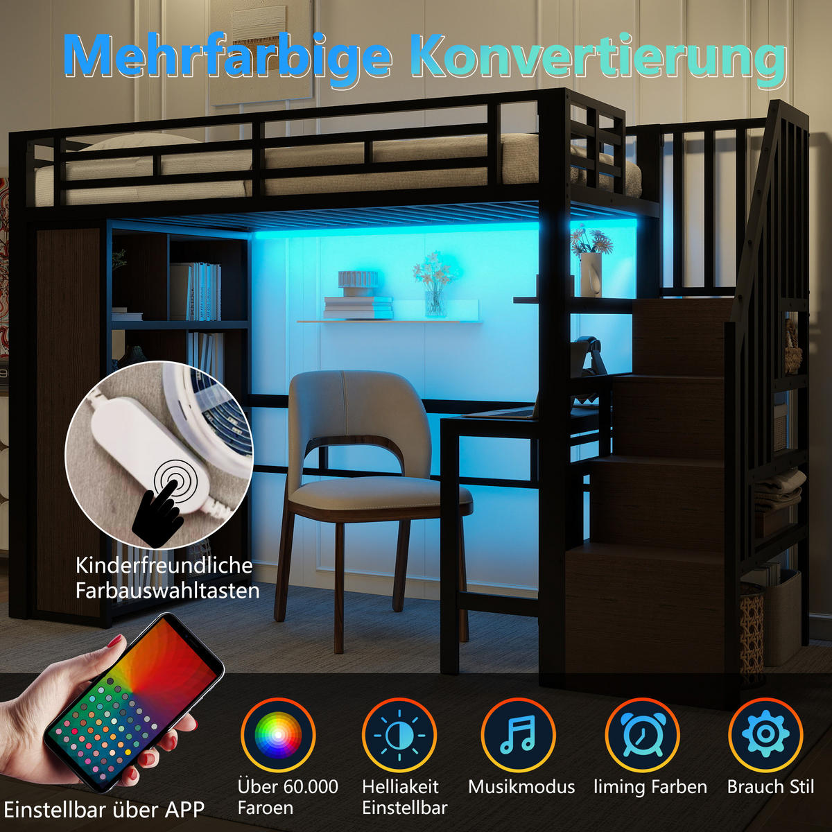 HOCHBETT 90/200 cm aus Metall mit Schreibtisch und LED-Beleuchtung - Schwarz, Metall (90/200cm) - Flora Grace