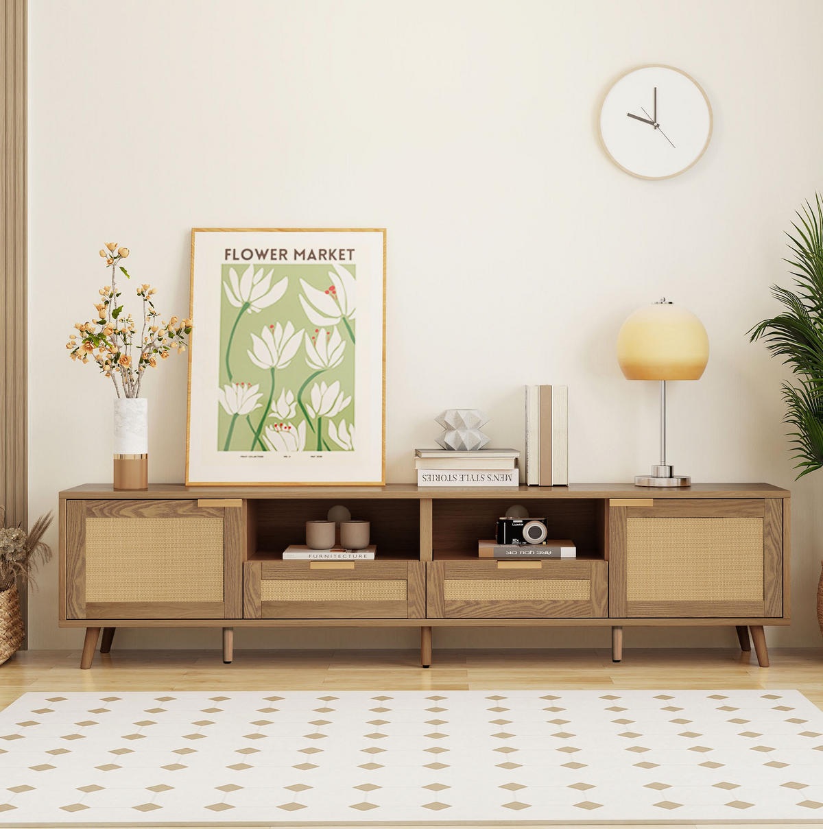 TV-SCHRANK mit Rattendesign 200 x 37 x 49 cm Oak - Braun, Holzwerkstoff (37/49/200cm) - Beauniv