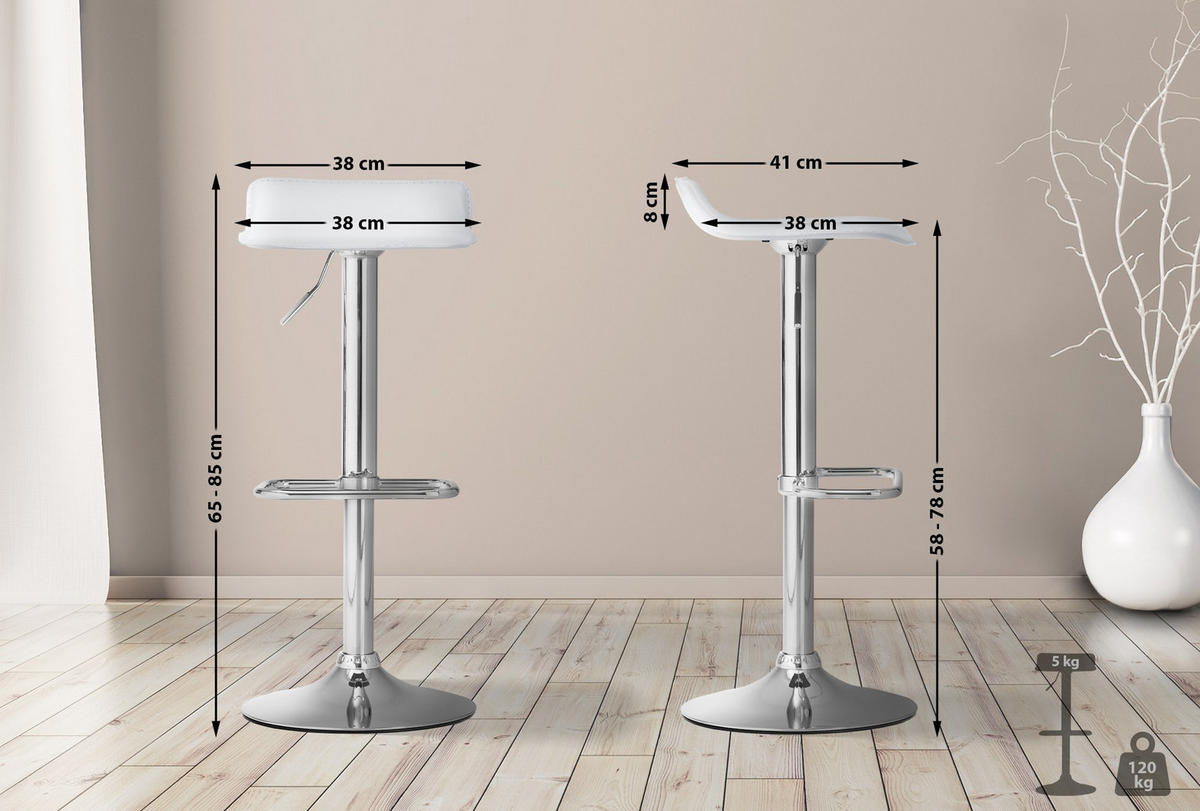 BARHOCKER Dyn Kunstleder 65-85 cm weiß - Weiß, Leder (38/65/41cm) - furnicato