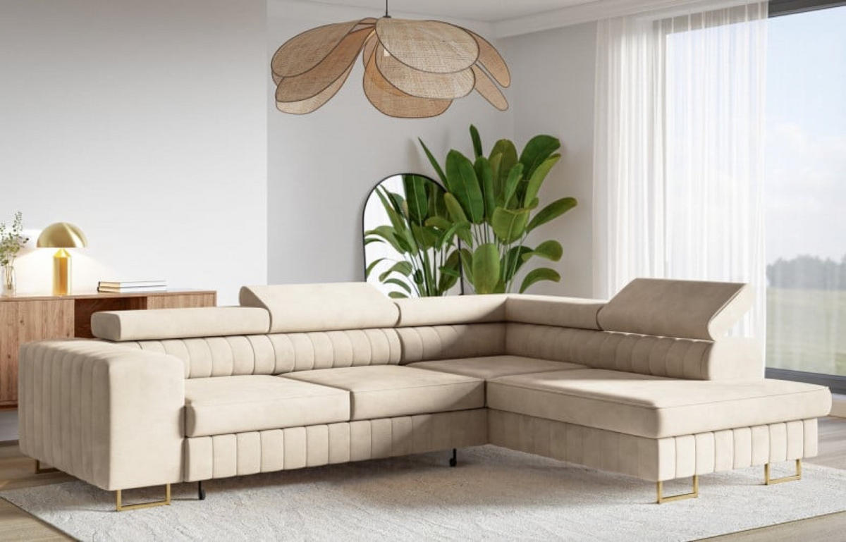 ECKSOFA Beige NOLA Matt Velvet Goldene Beine Rechts - Beige, Textil (203/274cm) - Sepro Meble
