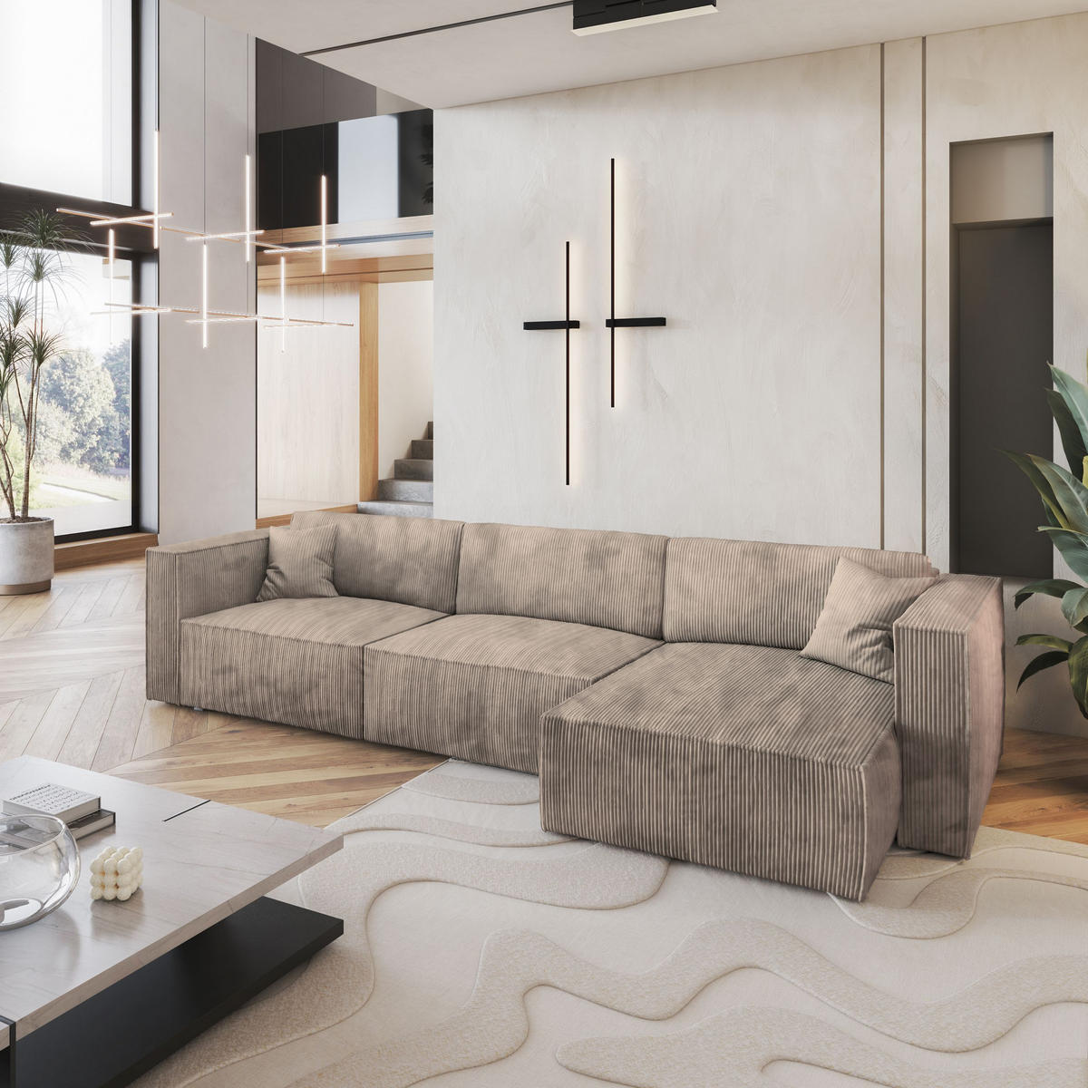 ECKSOFA TOLMO P Beige Kordstoff mit Schlaffunktion - Beige, Holz (347/148cm) - MASSENO