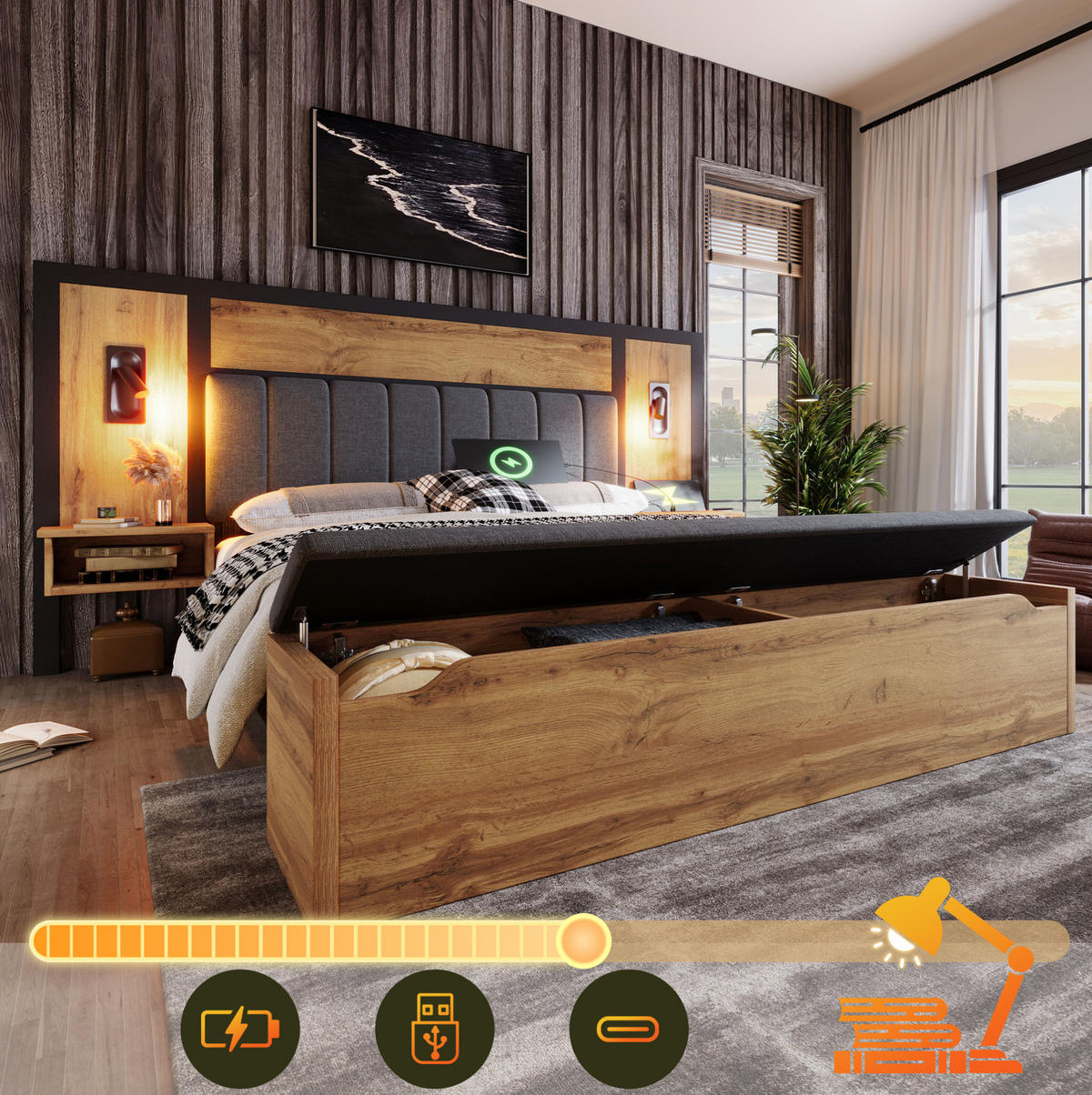 BETT mit Leselampen und Stauraumbank 180x200 cm Eiche - Braun, Holzwerkstoff (180/200cm) - Beauniv