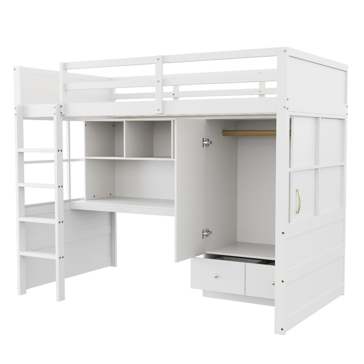 HOCHBETT 90/200 cm Weiß aus Holz mit Schreibtisch Stauraum und Kleiderschrank - Weiß, Holzwerkstoff (90/200cm) - OKWISH