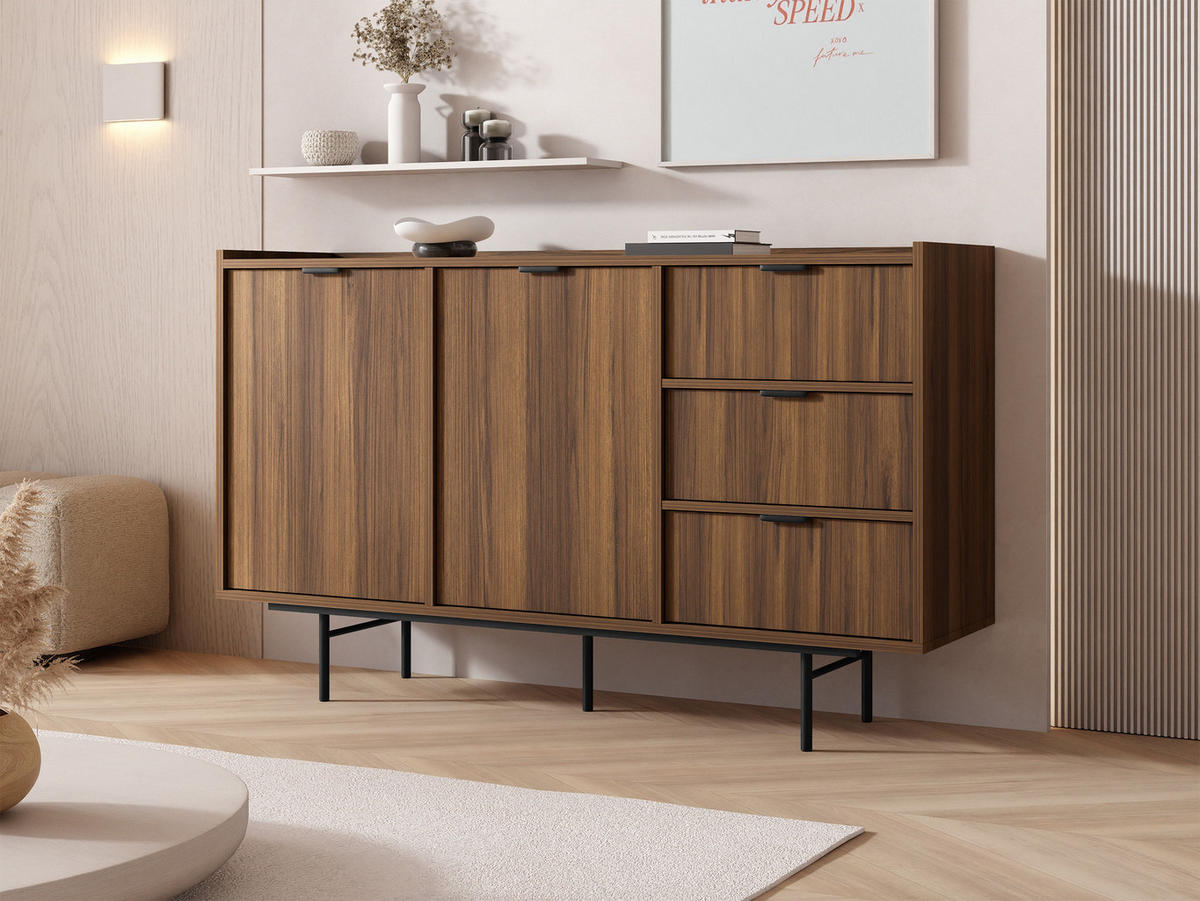 KOMMODE Edison 2D3S - Nussbaumfarben/Schwarz, Holzwerkstoff/Metall (150/90/40cm) - MIRJAN24
