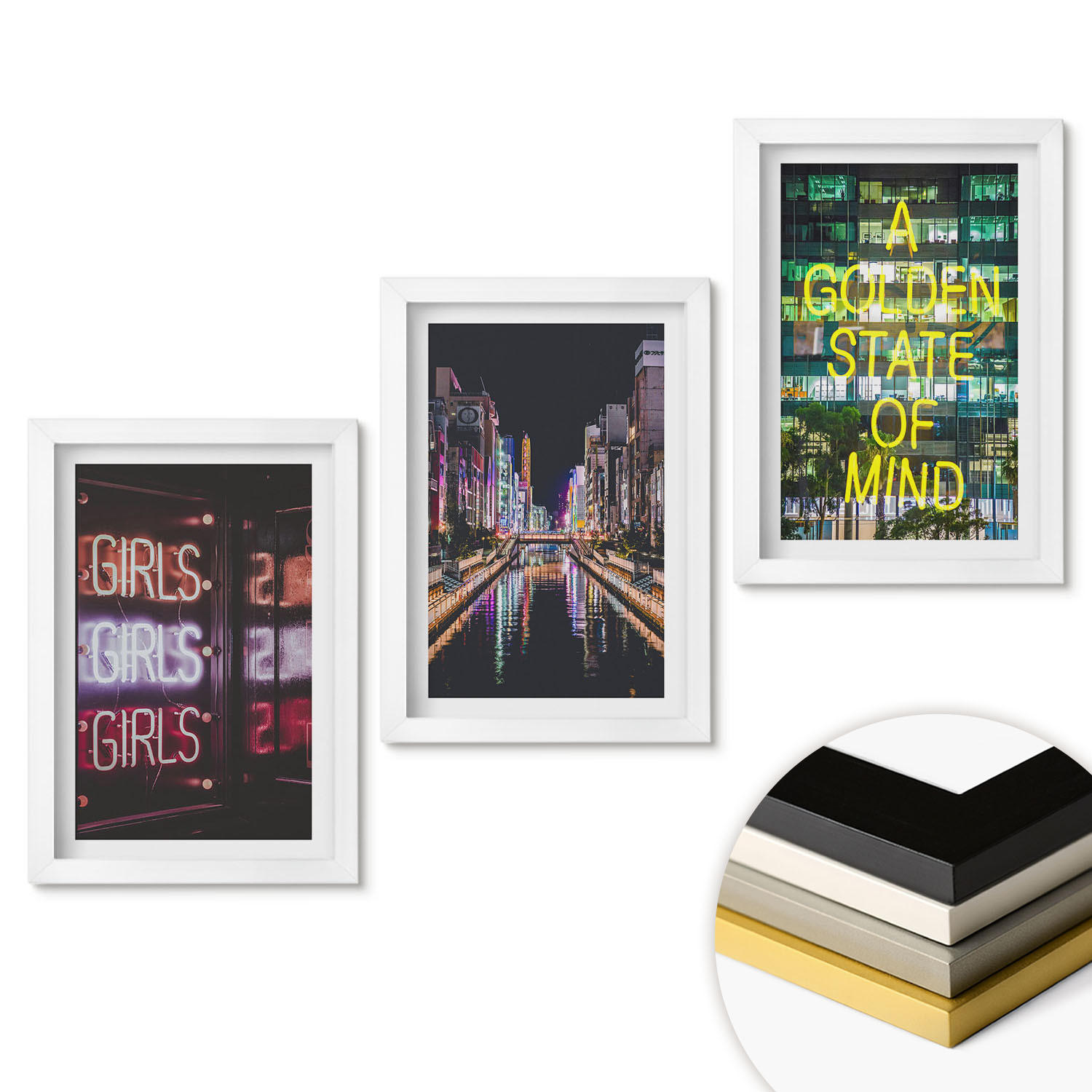 WANDBILDER 3er-Set - 20x30 cm Weißer Rahmen - Neonlichter am Fluss bei Nacht - Weiß, Kunststoff (20/30cm) - ArtPrintCave
