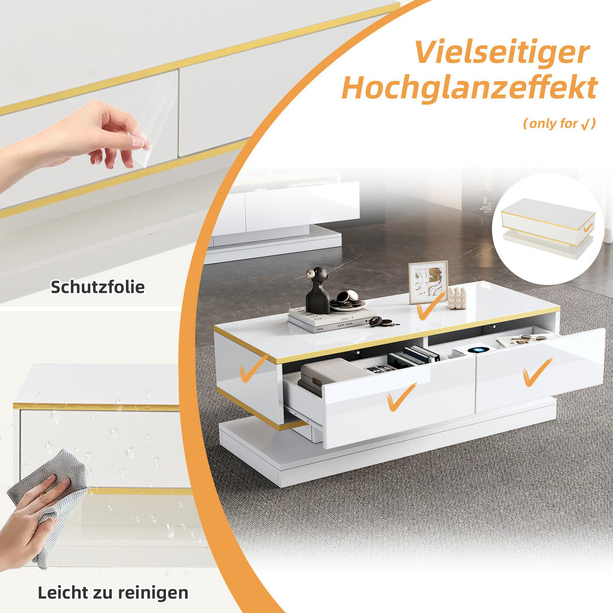 TV-SCHRANK SET Hochglanzweiß 3+2 Schubladen Goldbesatz mit Couchtisch - Weiß, Holz (59.18/14.2/112.5cm) - FLIEKS